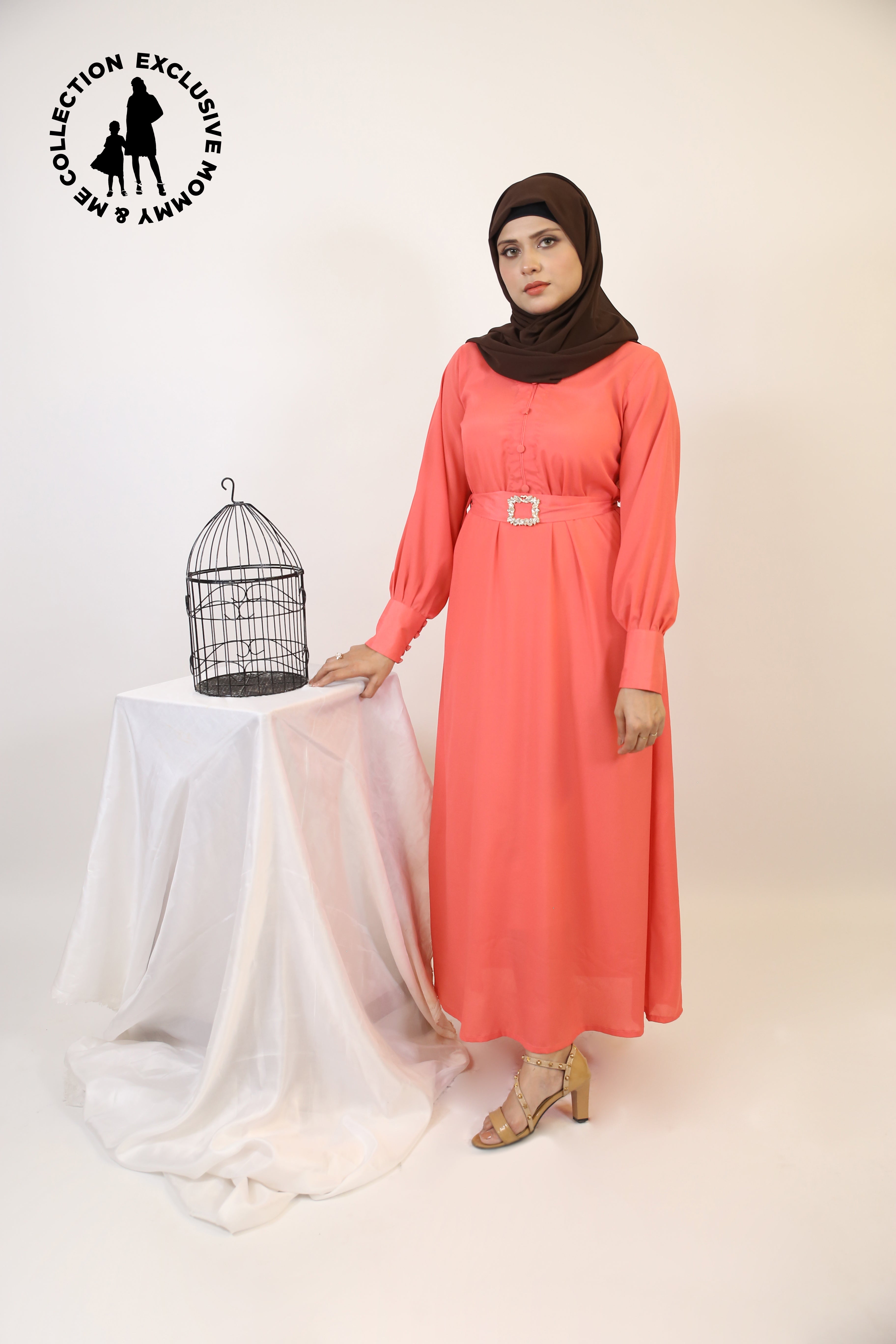 Mommy & Me ✨ Baqah- Enchanting maxi dress with belt embellishment and cuffed sleeves- Apricot pink