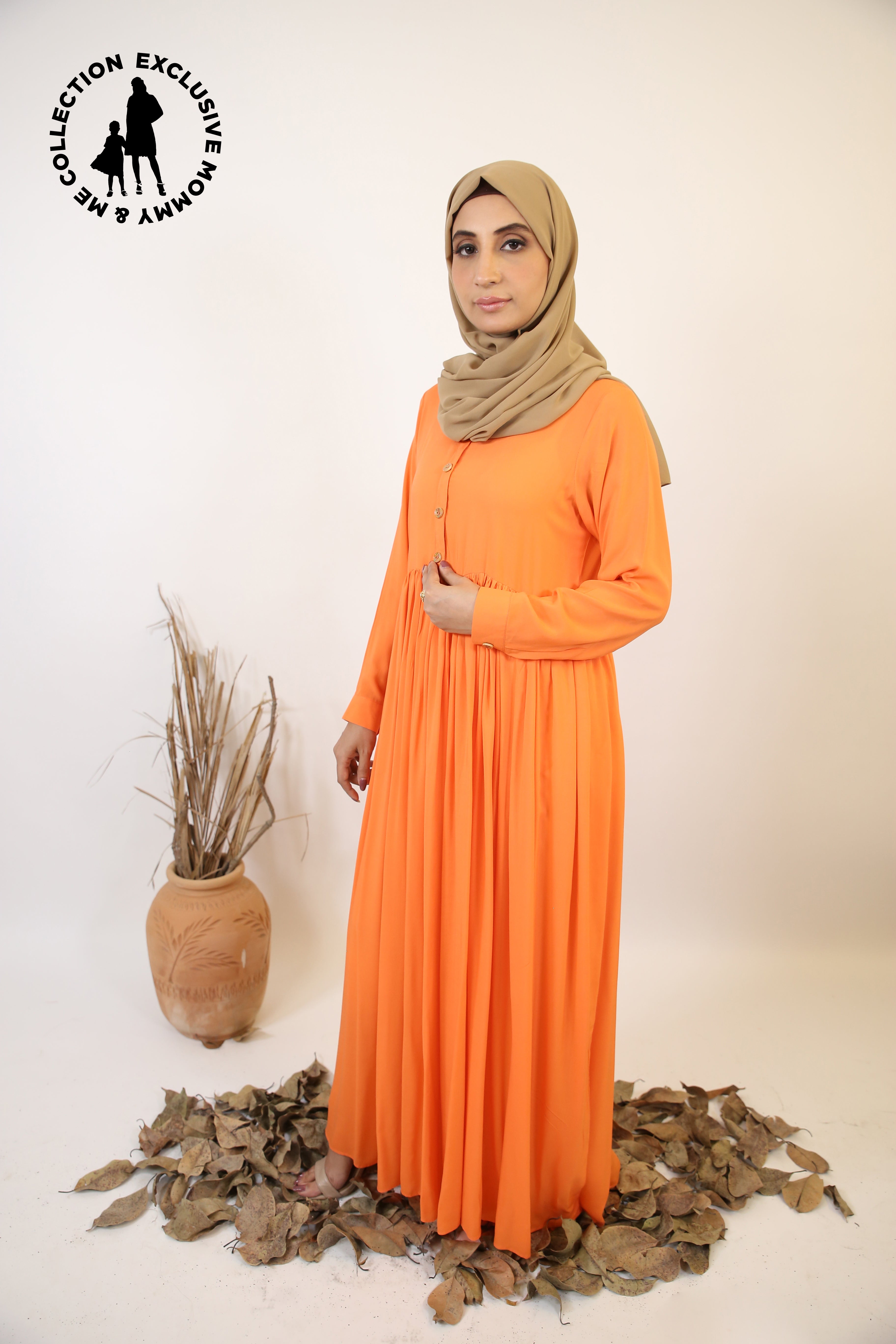 Mommy & Me ✨ Lahab- Striking Linen maxi dress with ruffled hem and button on front- Tangerine orange