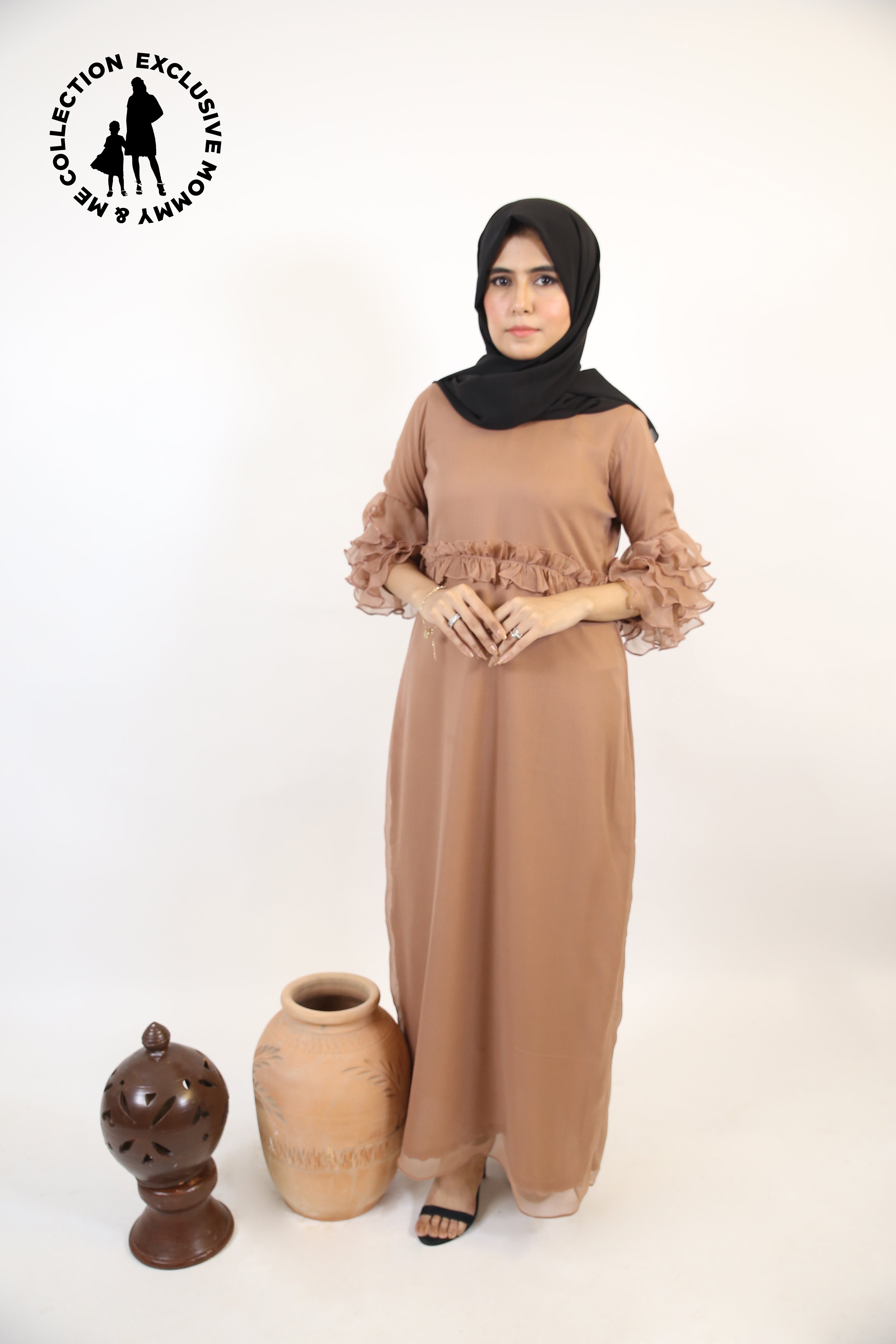 Mommy & Me ✨ Raml- Chic Chiffon lined maxi dress with tiered sleeves and ruched waist detailing-Camel Beige