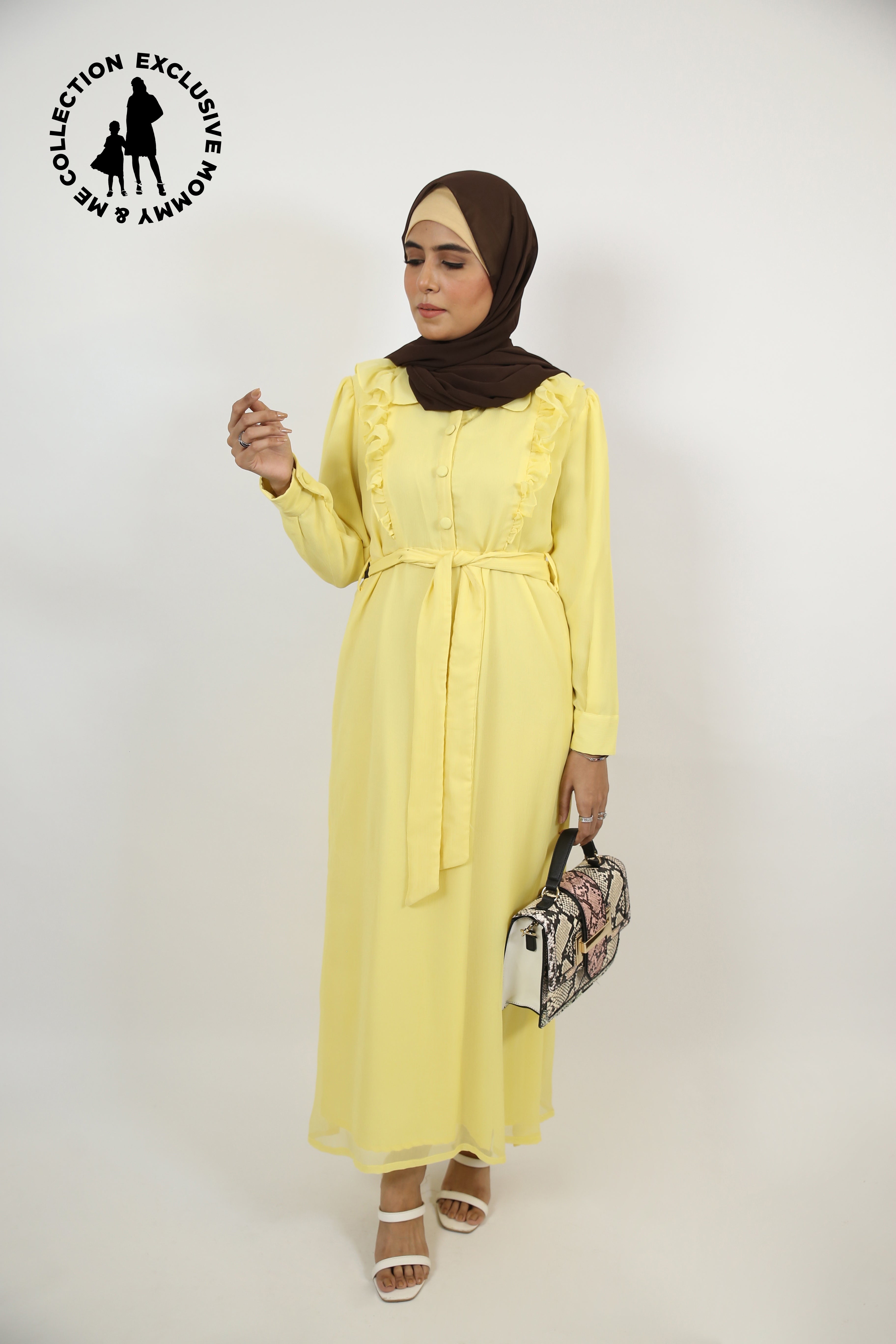 Mommy & Me ✨ Safraa- Radiant chiffon lined Maxi dress with front flutters and belt with long sleeves- Lemon Yellow