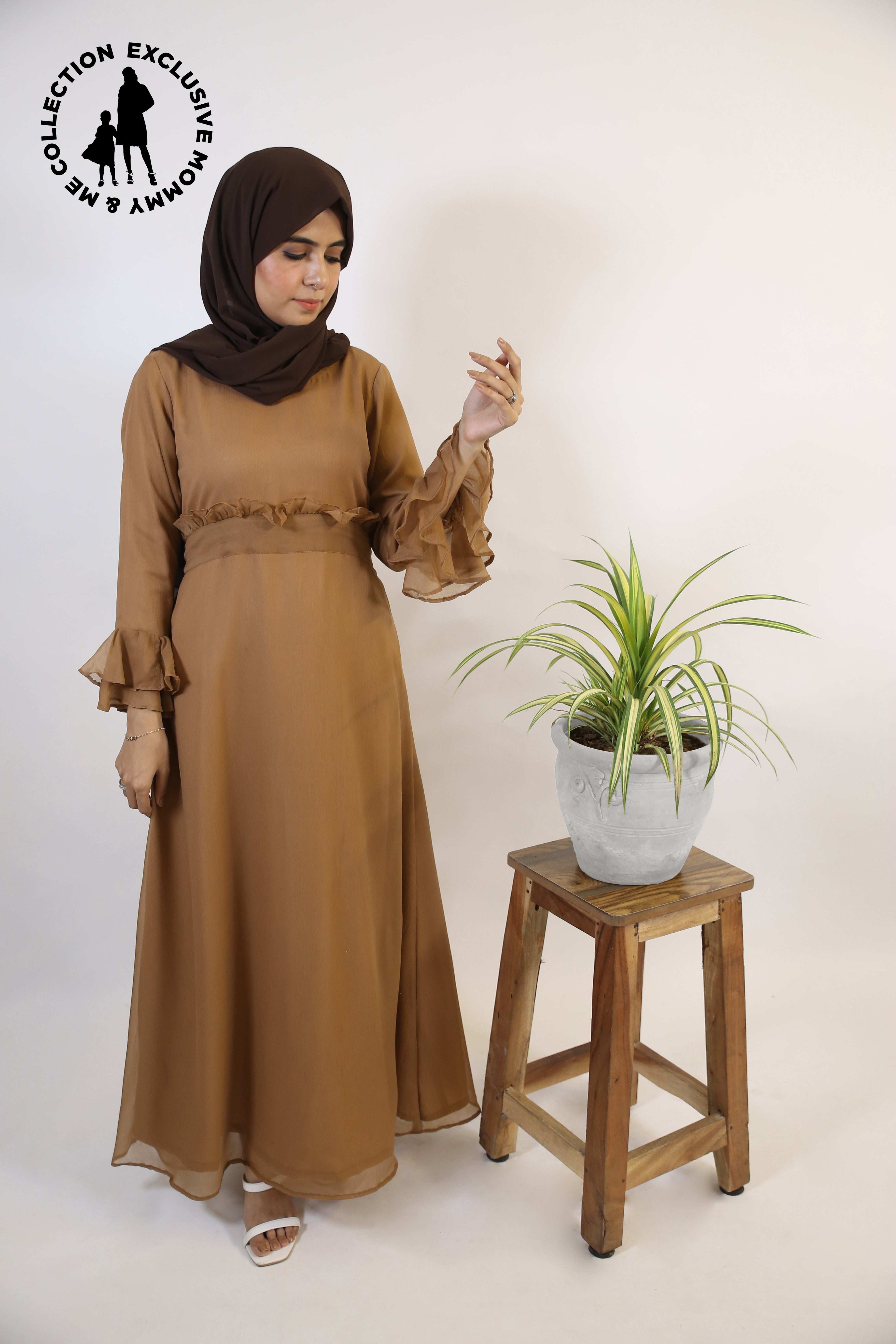 Mommy & Me ✨ Khaki-Graceful Chiffon lined tiered sleeves belted maxi dress- Taupe Brown