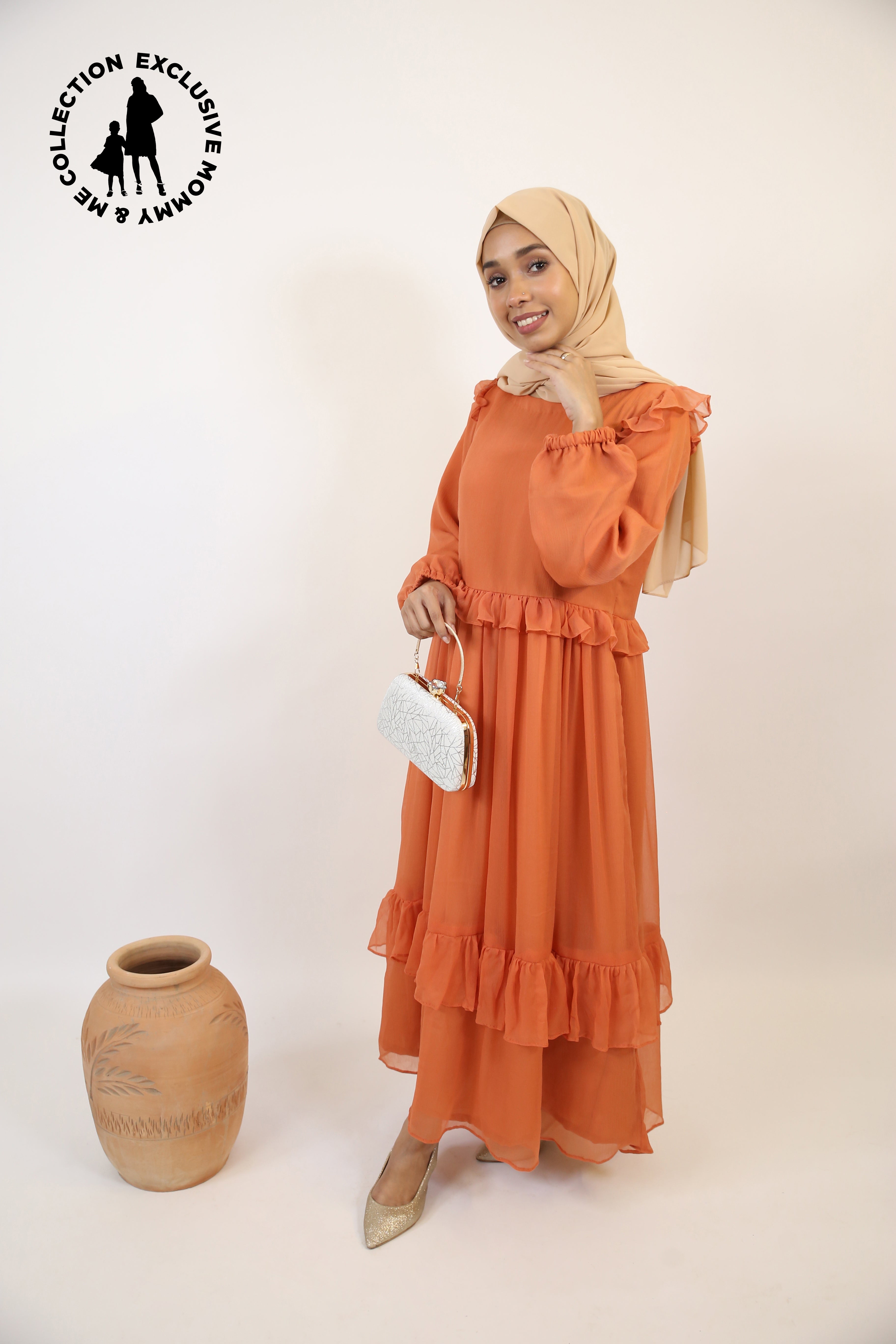 Mommy & Me ✨ Khareef- Splendid Chiffon fully lined maxi dress with tiered ruffles- Pumpkin orange
