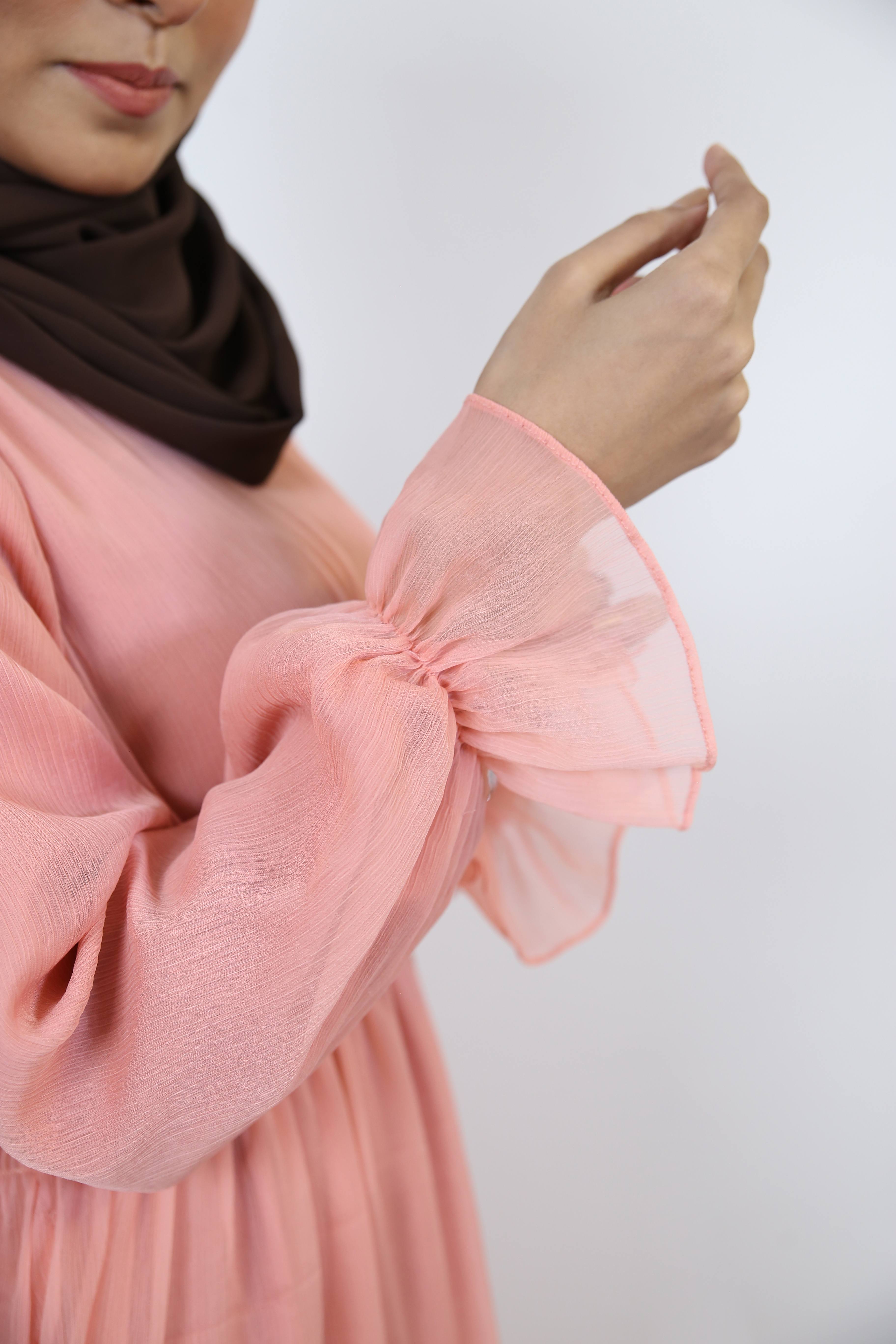 Wardiya-Fascinating chiffon lined maxi dress with pleated waist and ruffled sleeves- Rose Pink