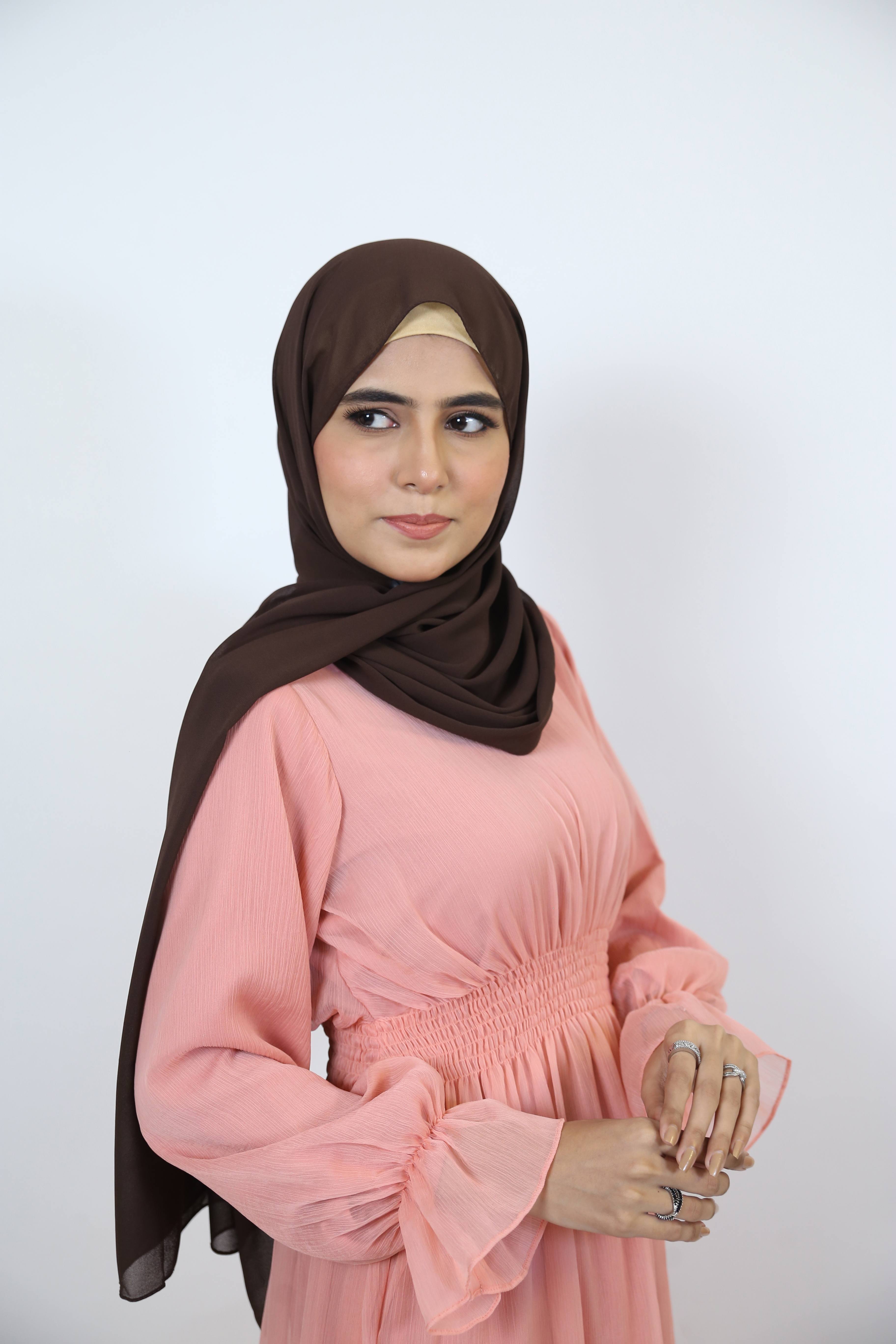 Wardiya-Fascinating chiffon lined maxi dress with pleated waist and ruffled sleeves- Rose Pink