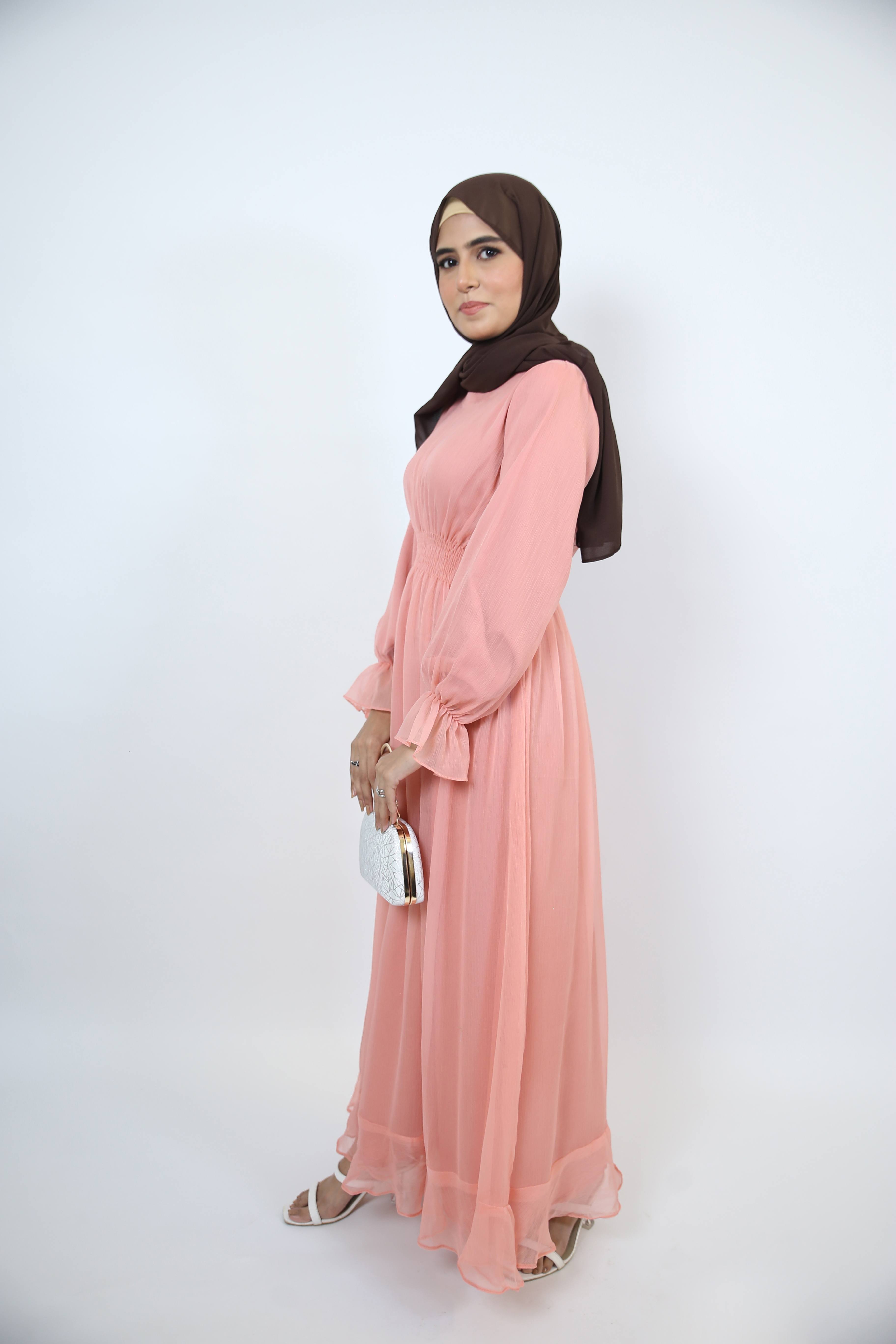 Wardiya-Fascinating chiffon lined maxi dress with pleated waist and ruffled sleeves- Rose Pink