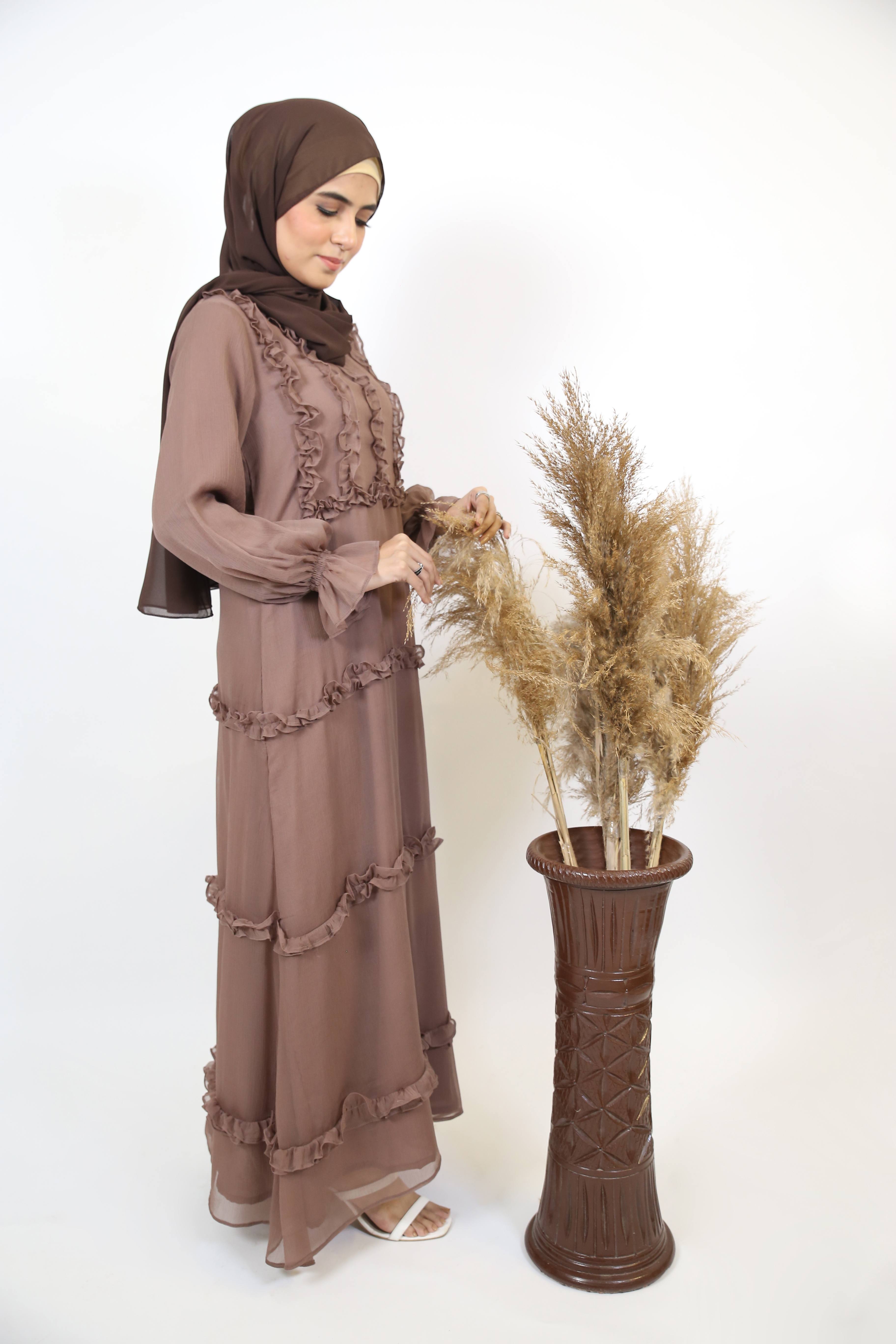 Qirfa- Attractive Chiffon lined ruffles detail maxi dress with puffed sleeves- Pastel Brown
