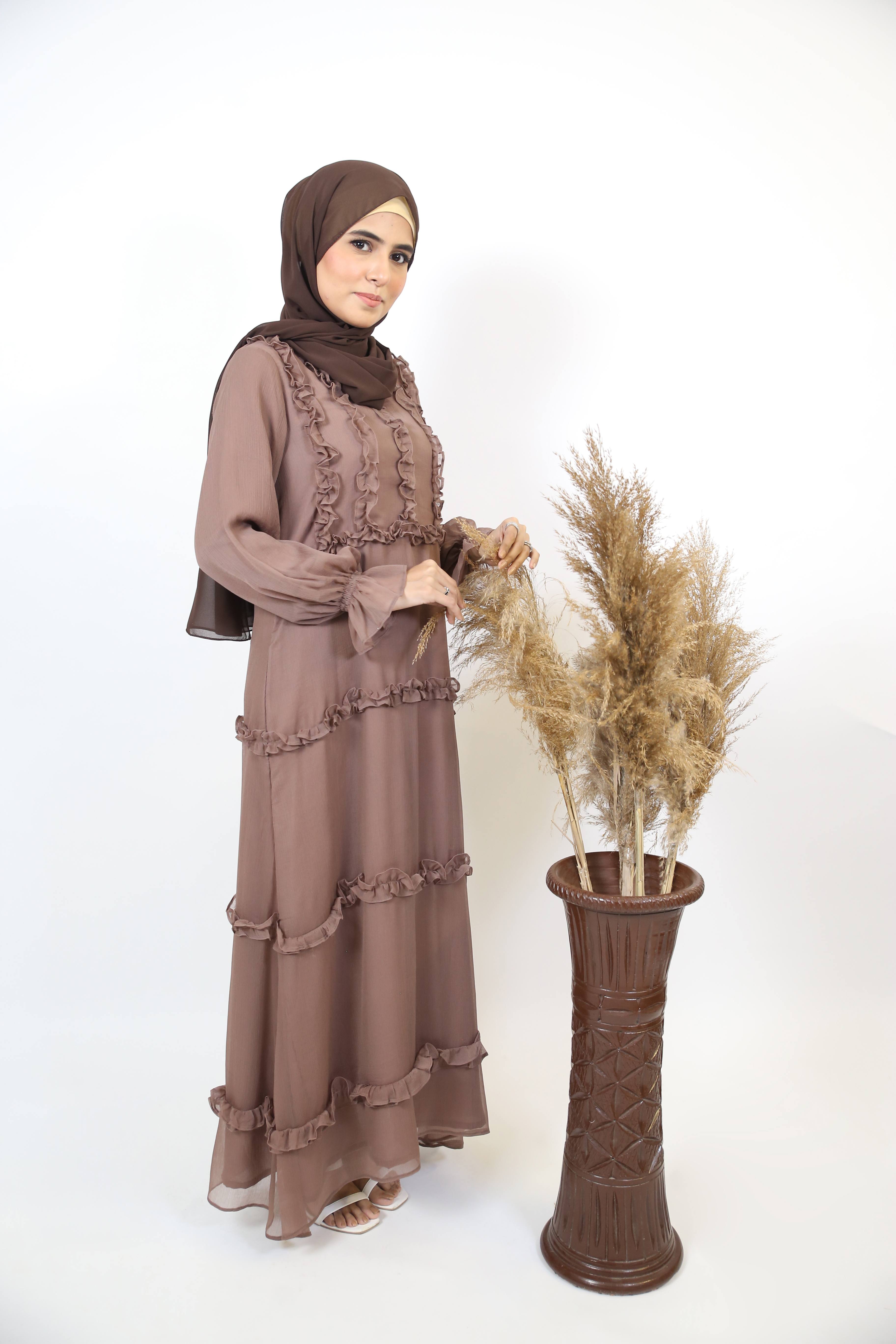 Qirfa-  Attractive Chiffon lined ruffles detail maxi dress with puffed sleeves- Pastel Brown