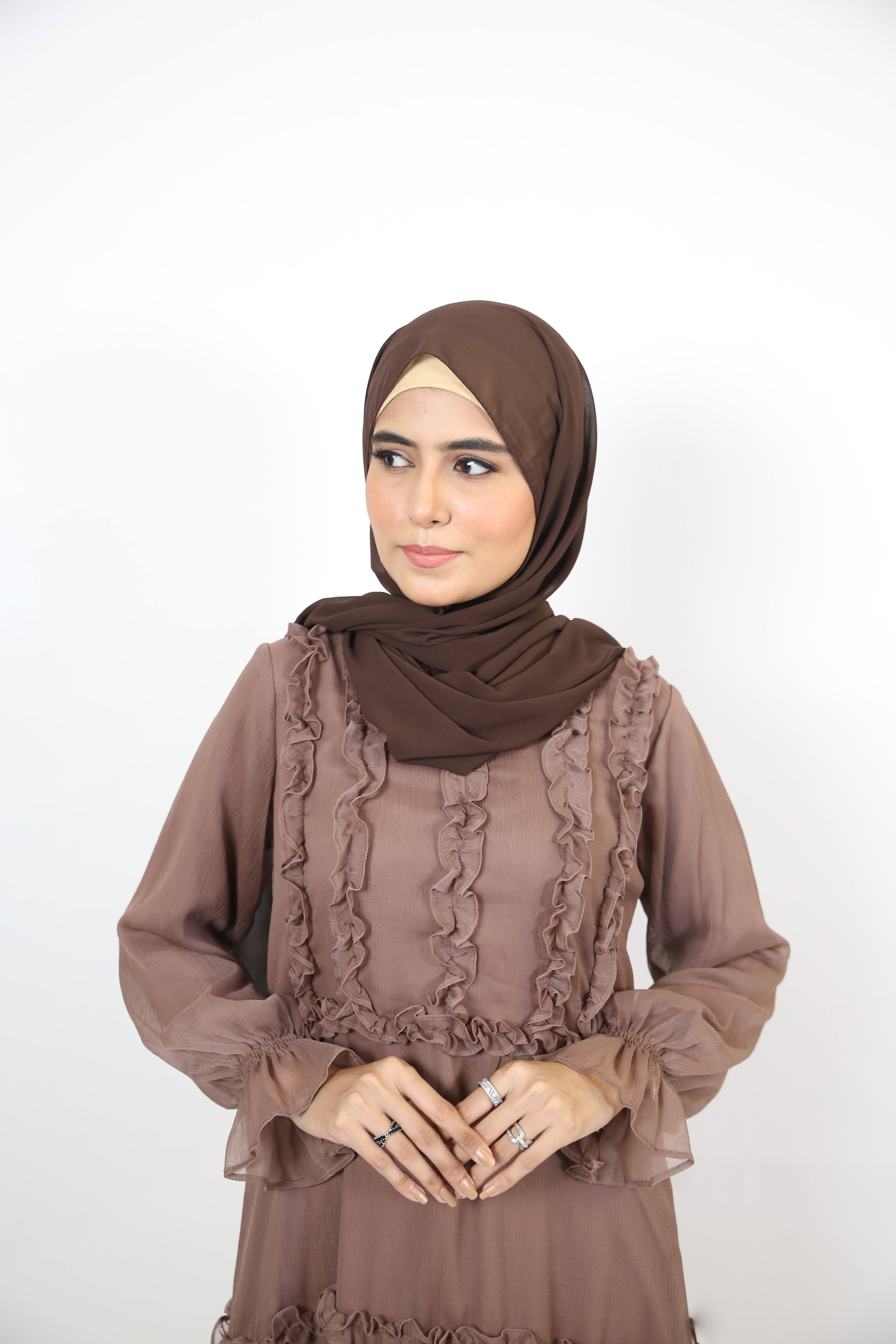 Qirfa- Attractive Chiffon lined ruffles detail maxi dress with puffed sleeves- Pastel Brown