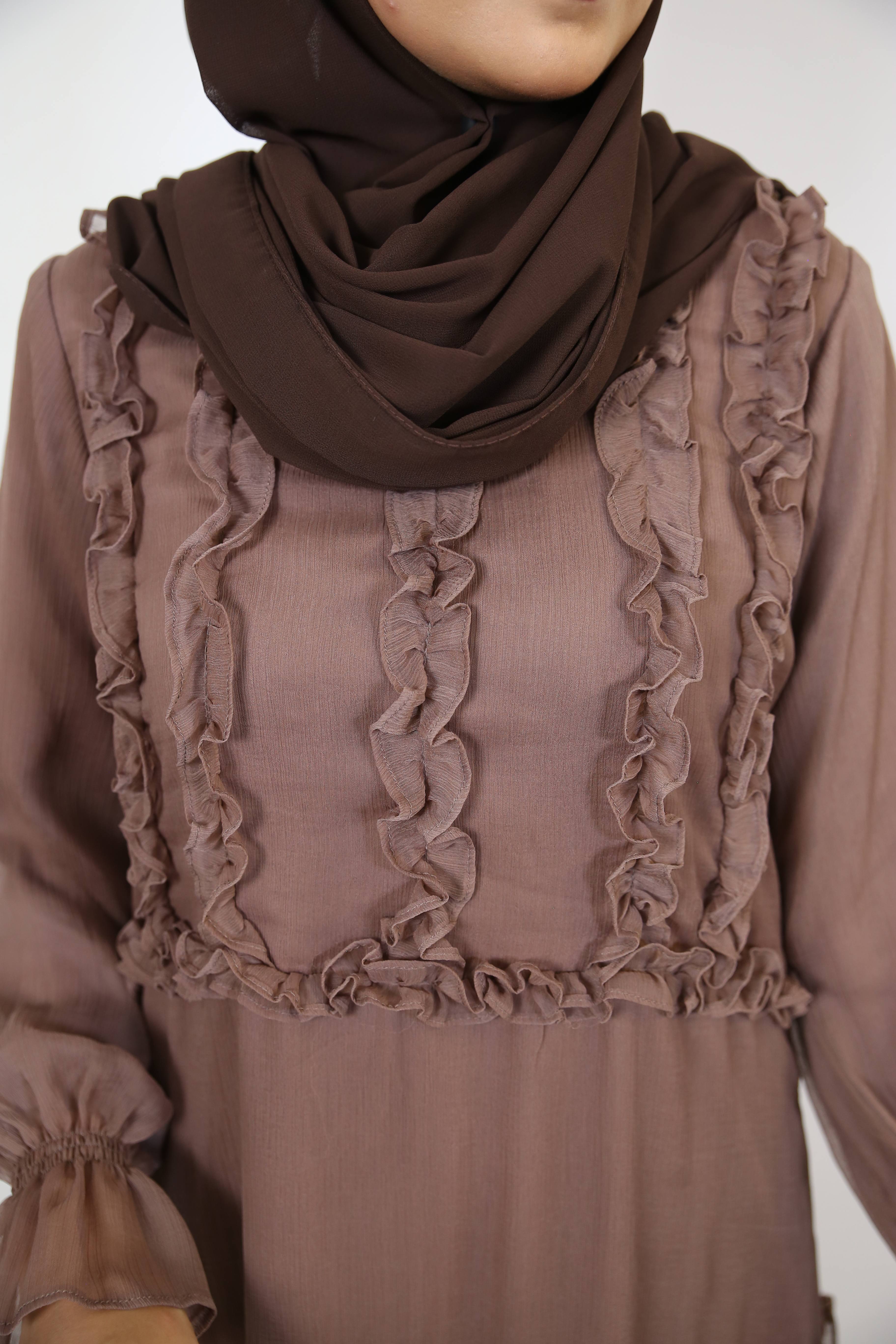 Qirfa- Attractive Chiffon lined ruffles detail maxi dress with puffed sleeves- Pastel Brown
