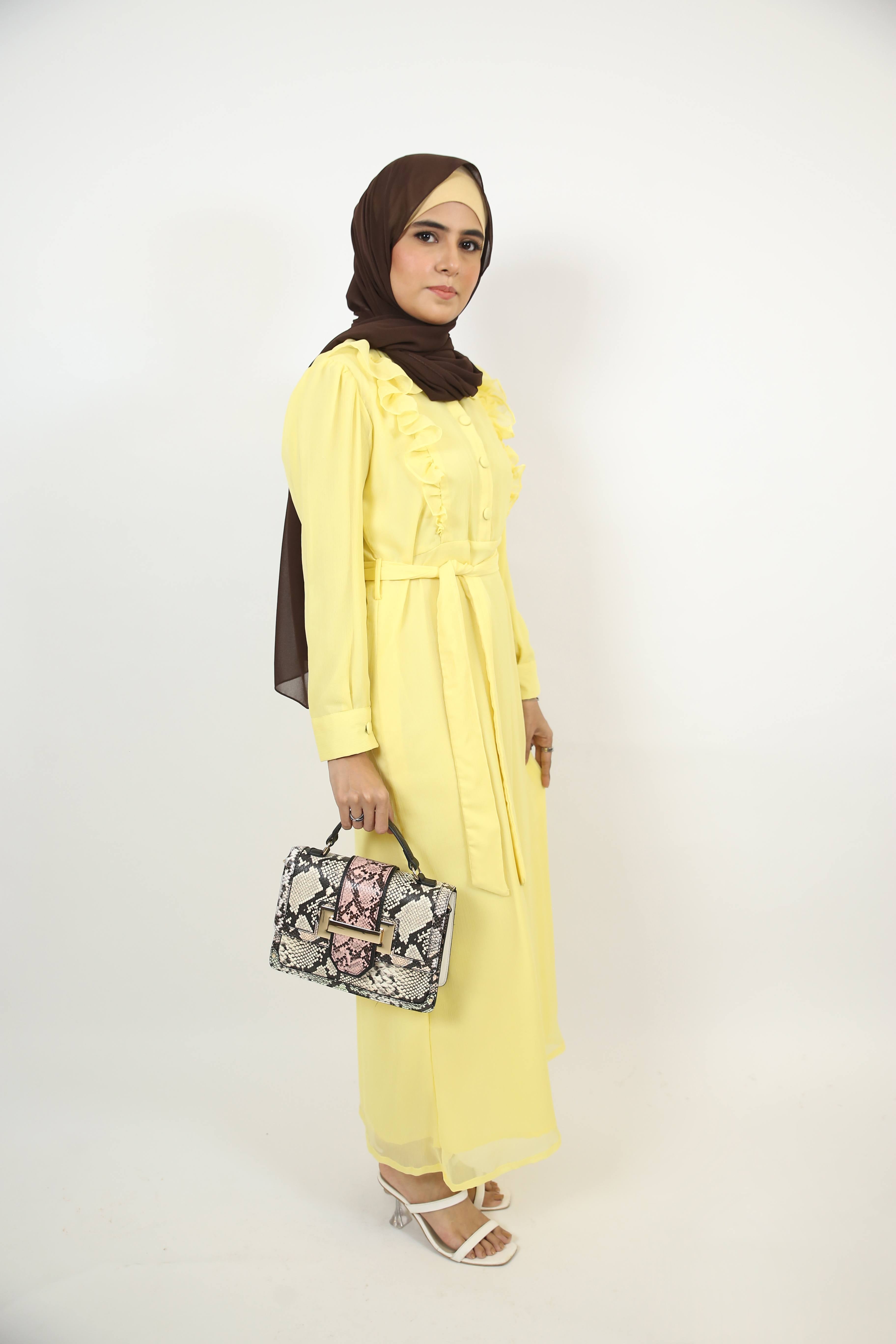 Safraa- Radiant chiffon lined Maxi dress with front flutters and belt with long sleeves- Lemon Yellow