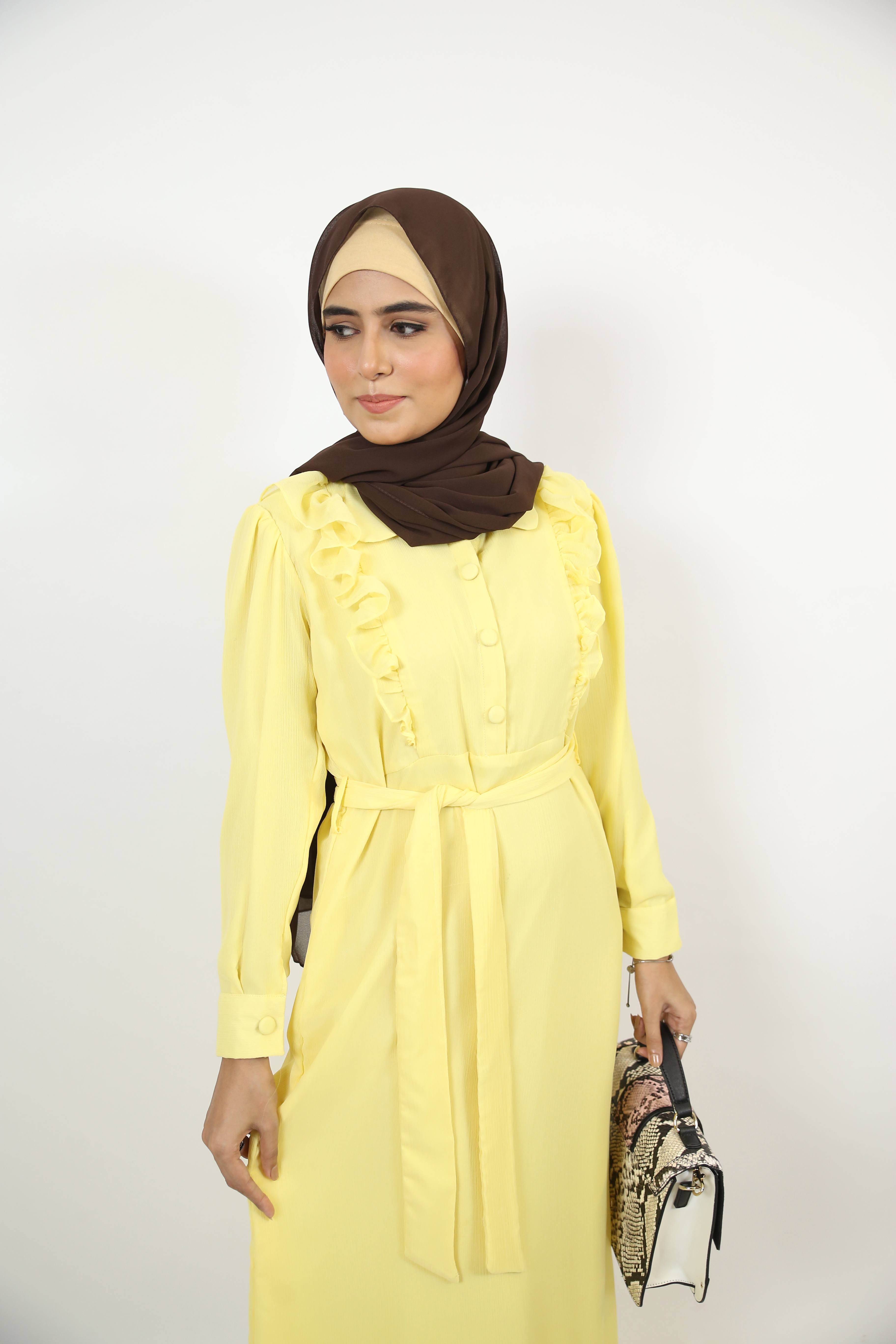 Safraa- Radiant chiffon lined Maxi dress with front flutters and belt with long sleeves- Lemon Yellow