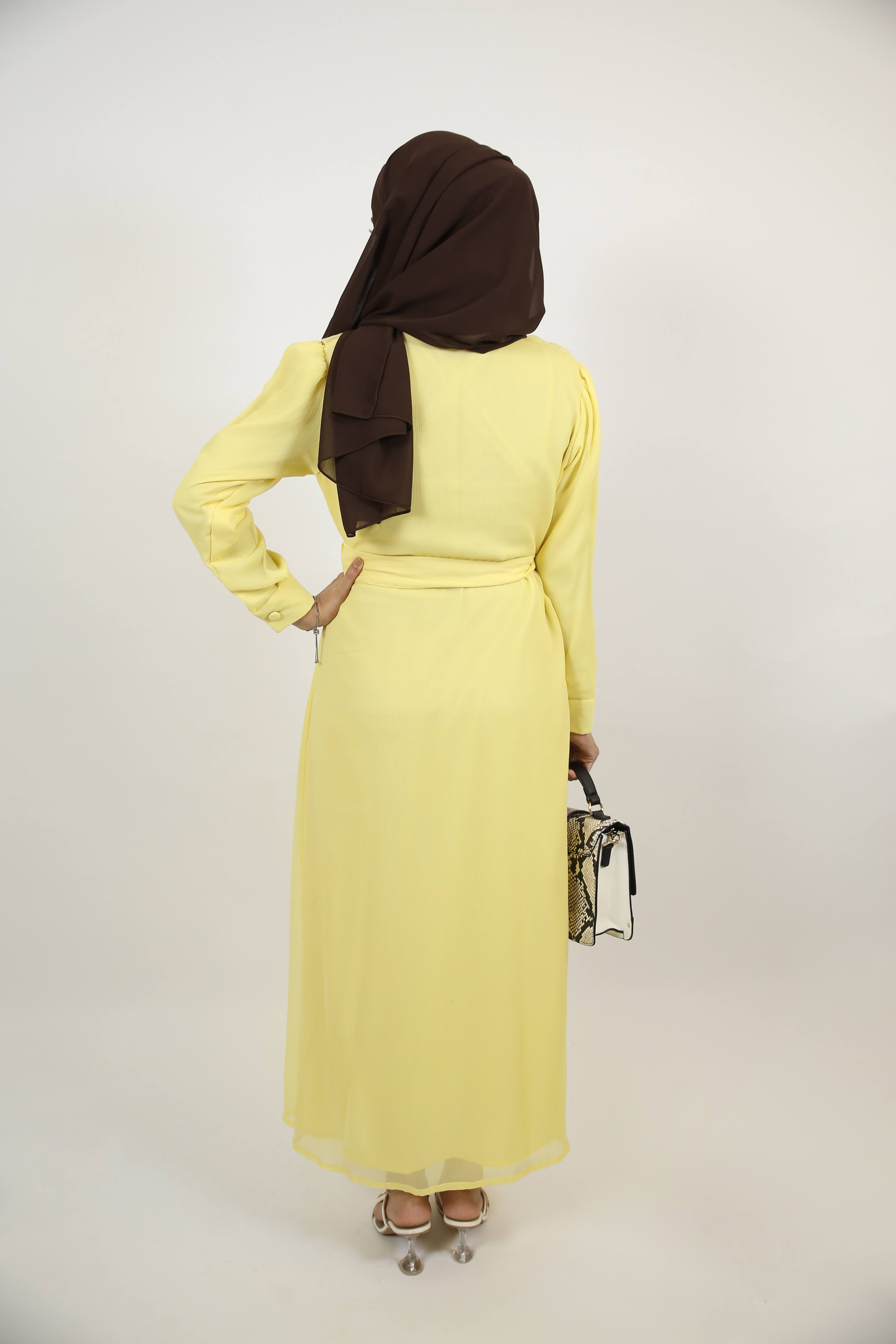 Safraa- Radiant chiffon lined Maxi dress with front flutters and belt with long sleeves- Lemon Yellow