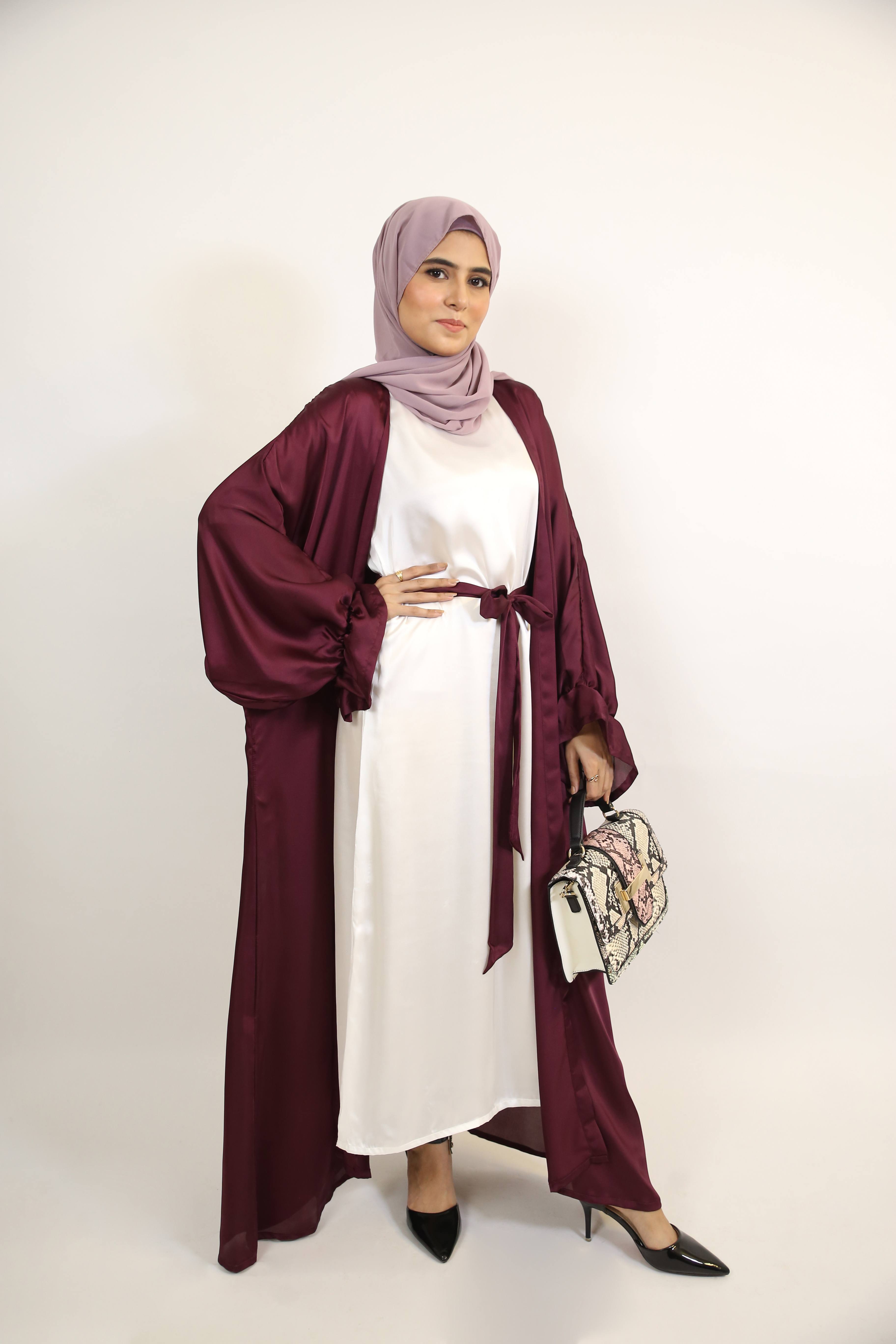 Anbari- Luxurious satin Throw over abaya set with matching belt and white inner slip dress- Cranberry Red