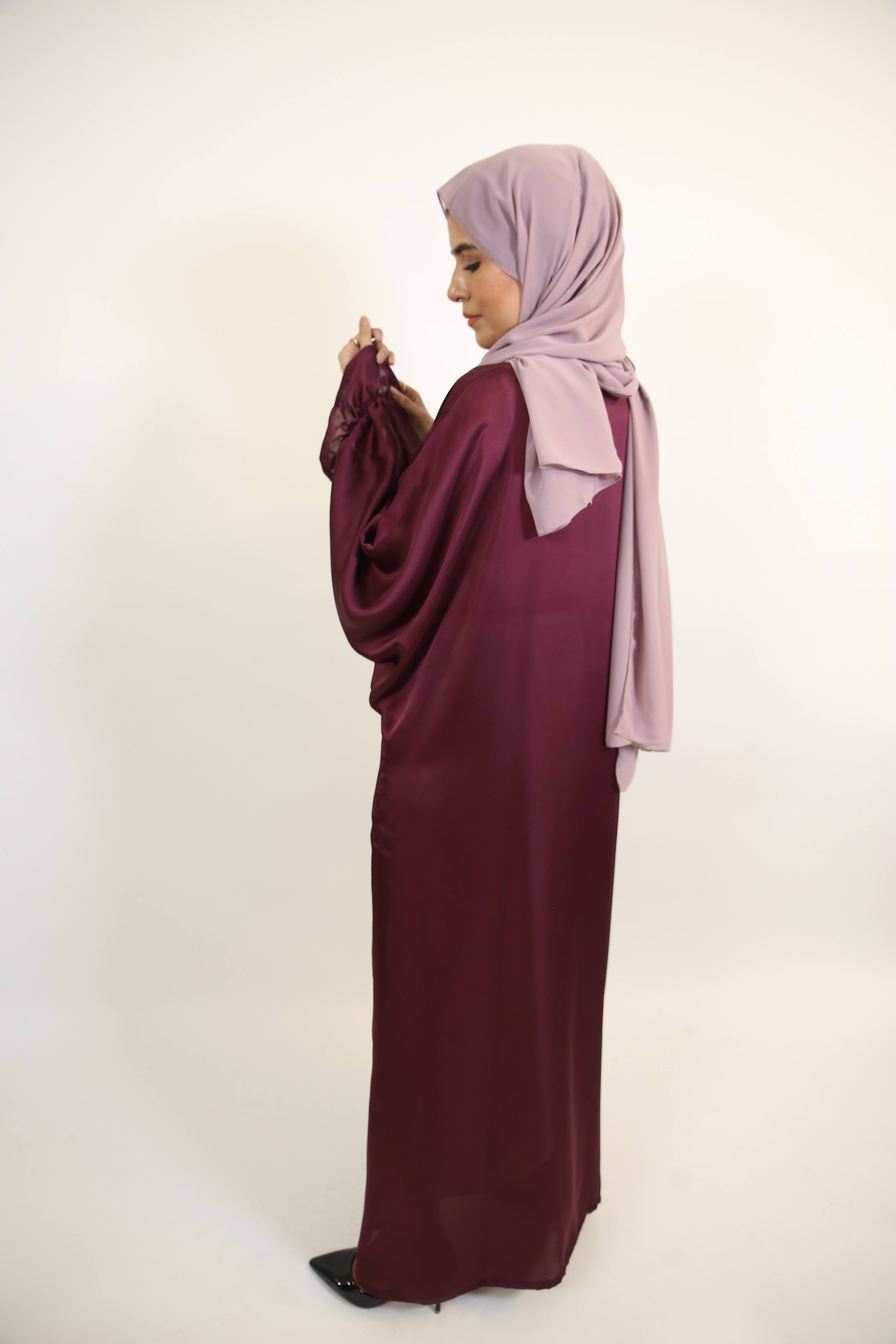 Anbari- Luxurious satin Throw over abaya set with matching belt and white inner slip dress- Cranberry Red