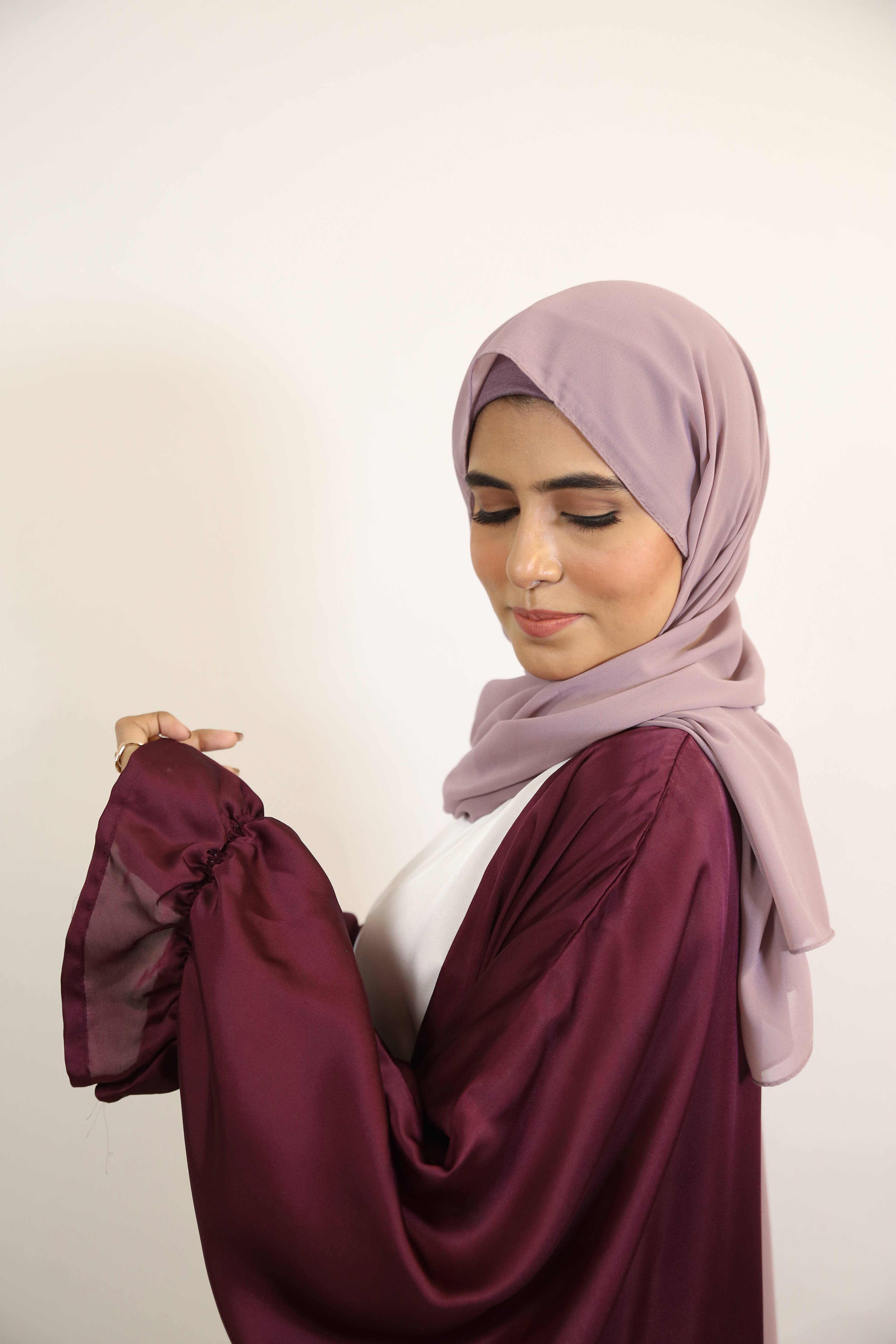 Anbari- Luxurious satin Throw over abaya set with matching belt and white inner slip dress- Cranberry Red