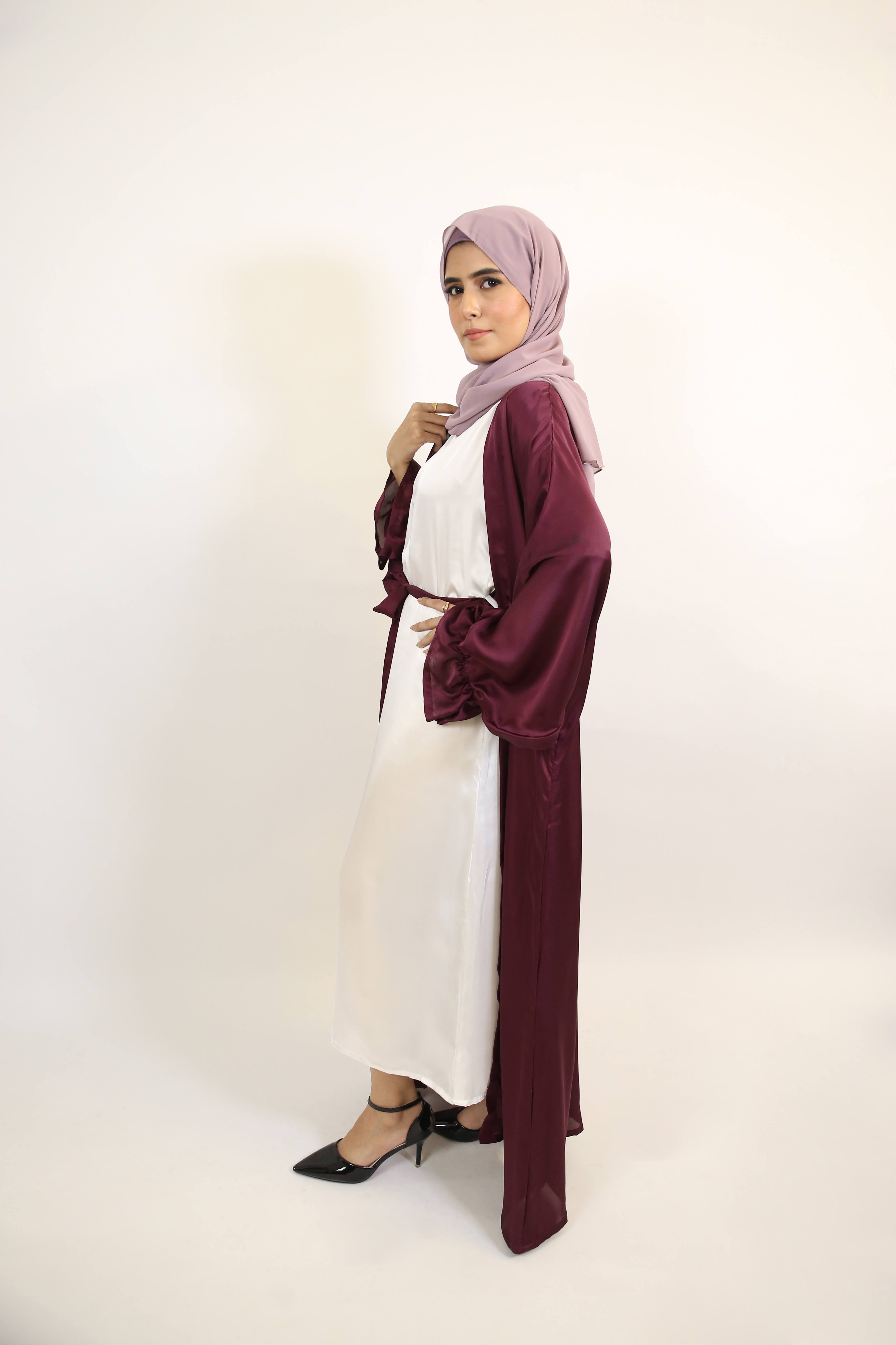 Anbari- Luxurious satin Throw over abaya set with matching belt and white inner slip dress- Cranberry Red