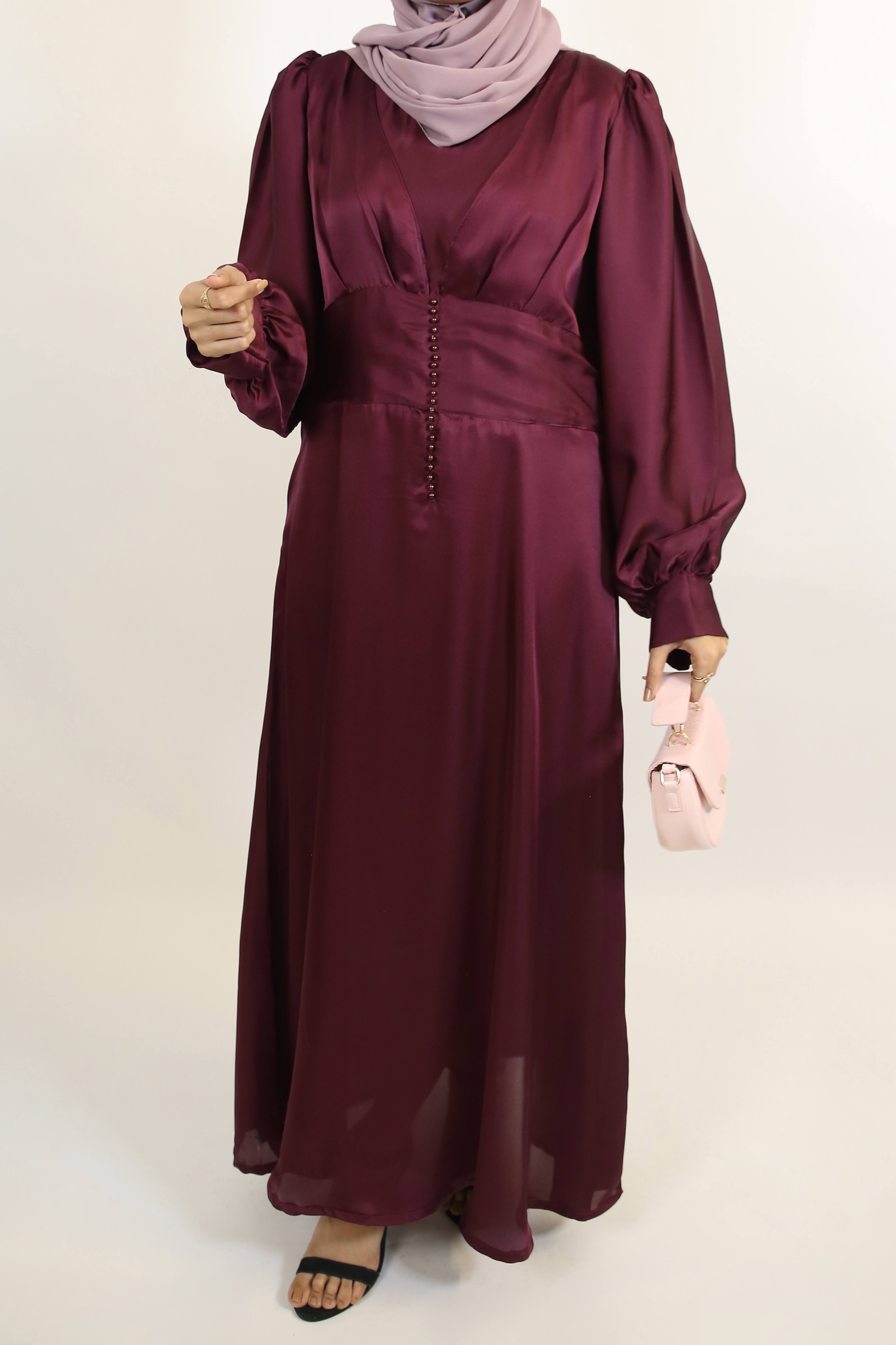 Qirmizi- Classy Satin Maxi Dress with button array front detailing- Mulberry Red