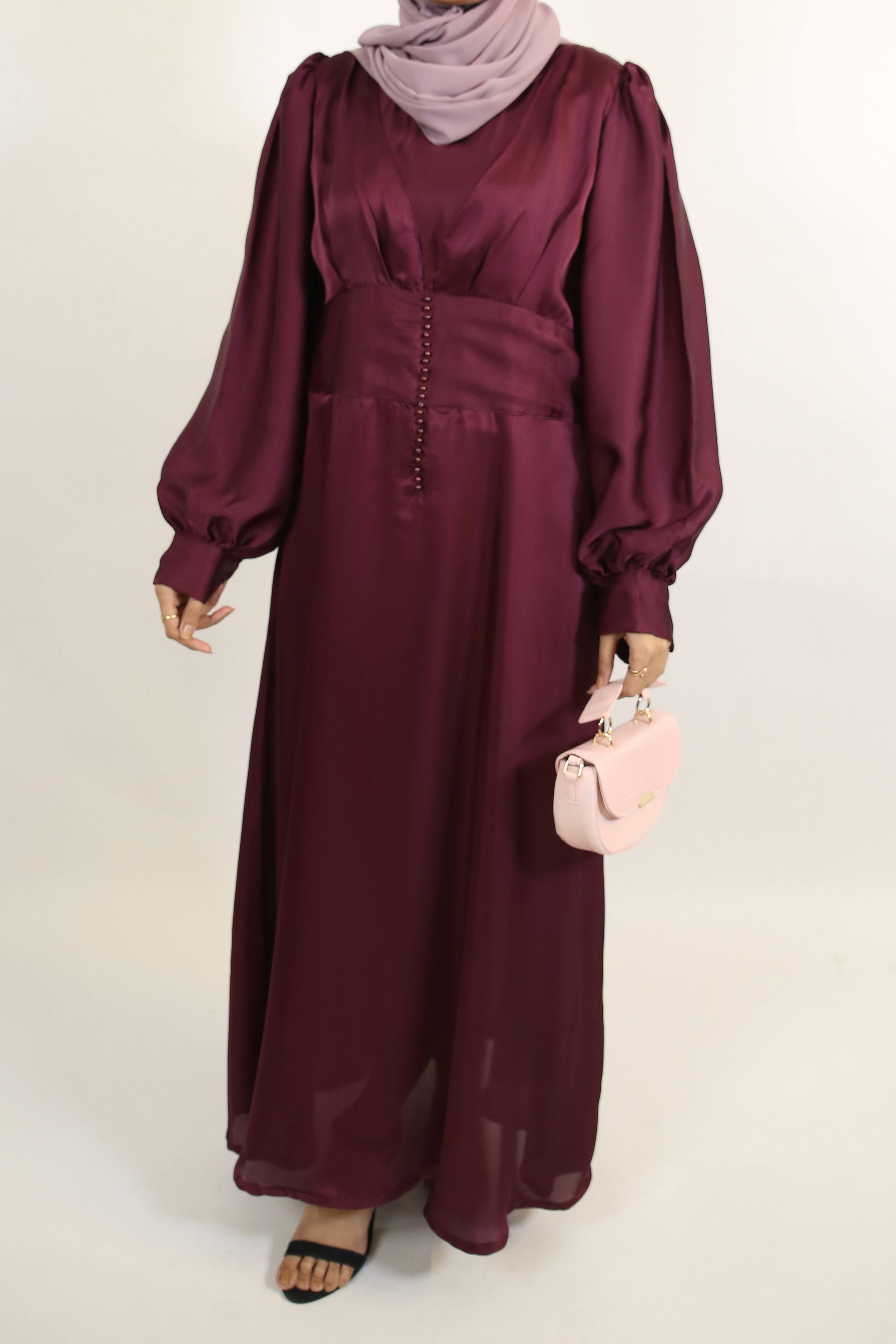 Qirmizi- Classy Satin Maxi Dress with button array front detailing- Mulberry Red