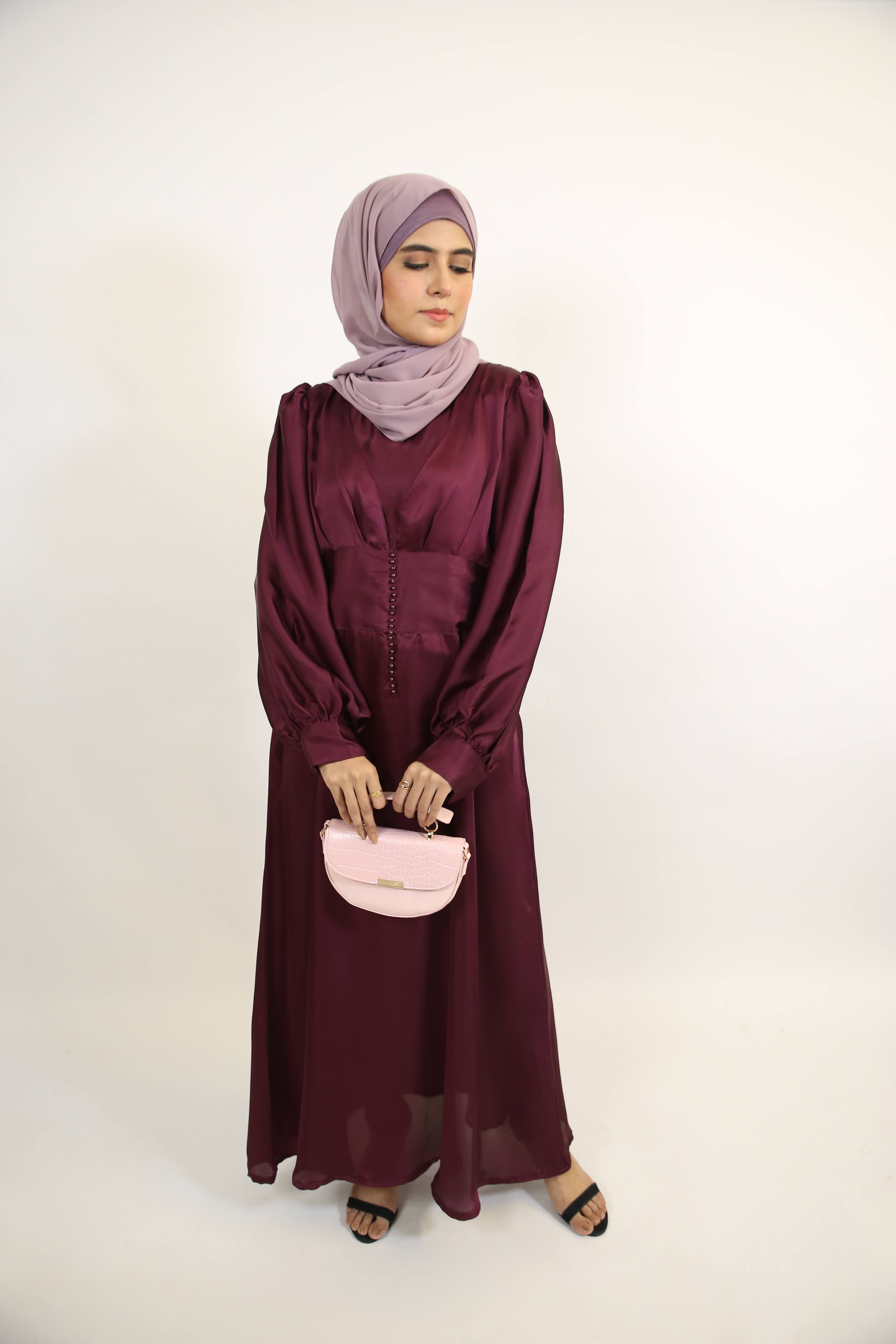 Qirmizi- Classy Satin Maxi Dress with button array front detailing- Mulberry Red