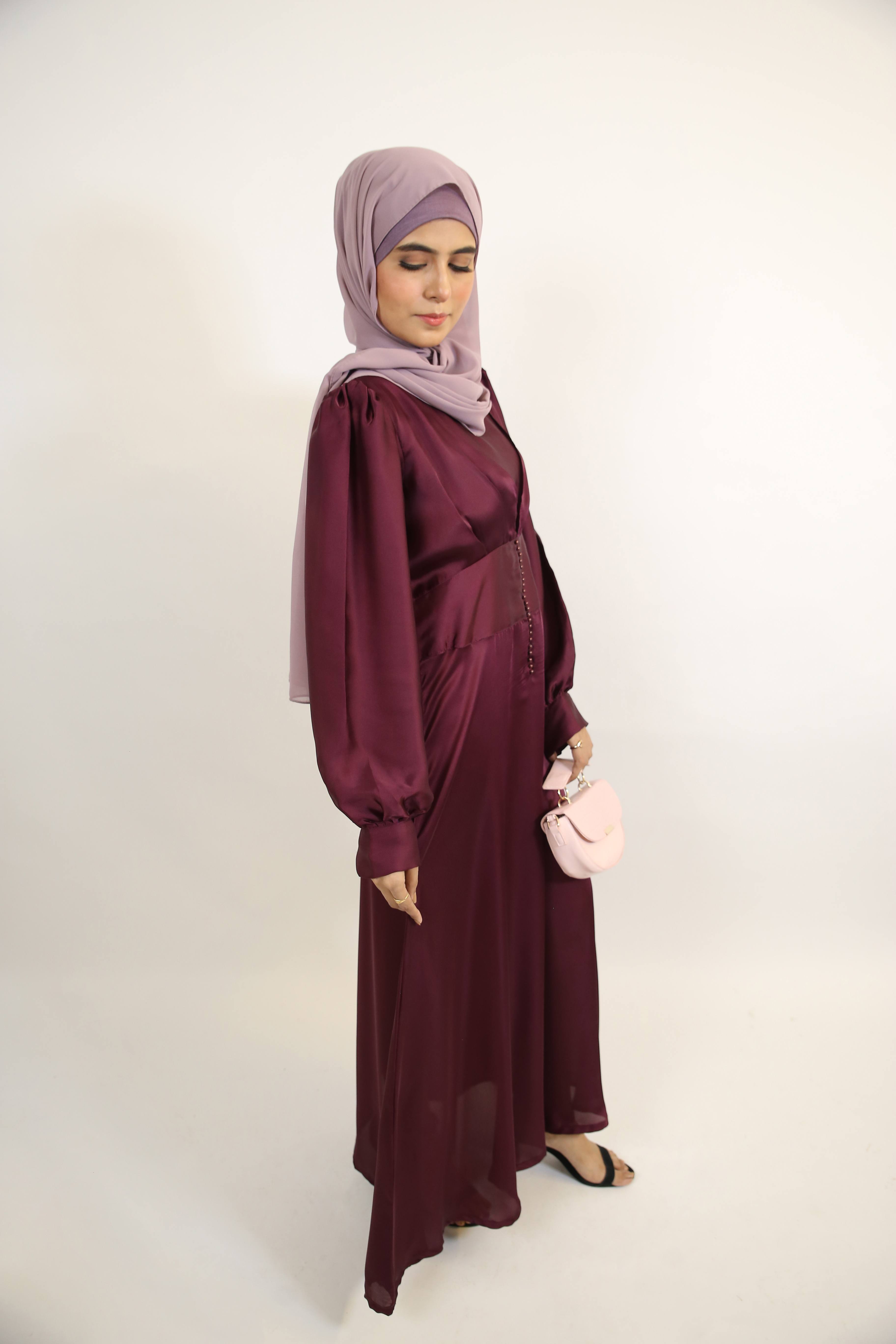 Qirmizi- Classy Satin Maxi Dress with button array front detailing- Mulberry Red