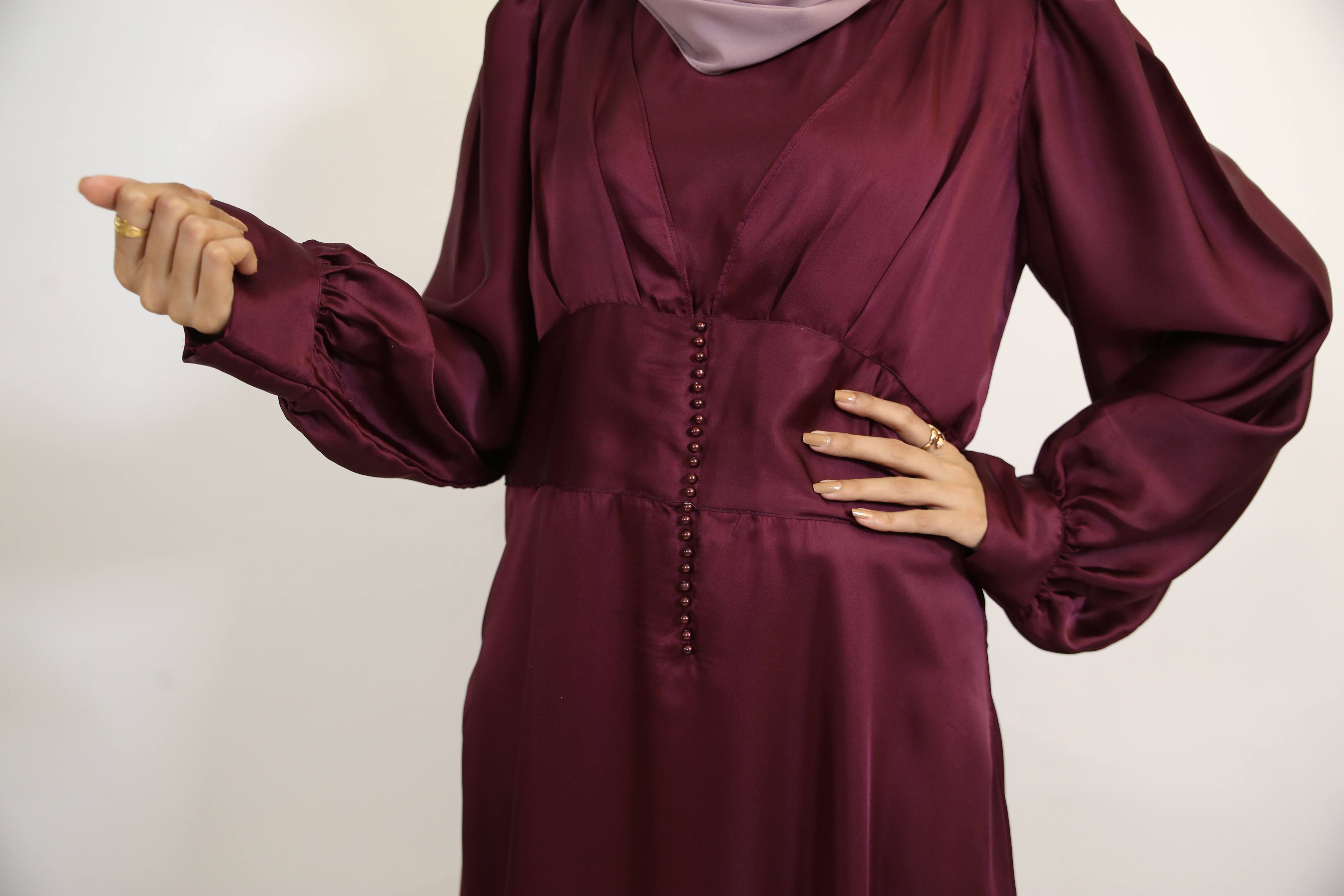 Qirmizi- Classy Satin Maxi Dress with button array front detailing- Mulberry Red