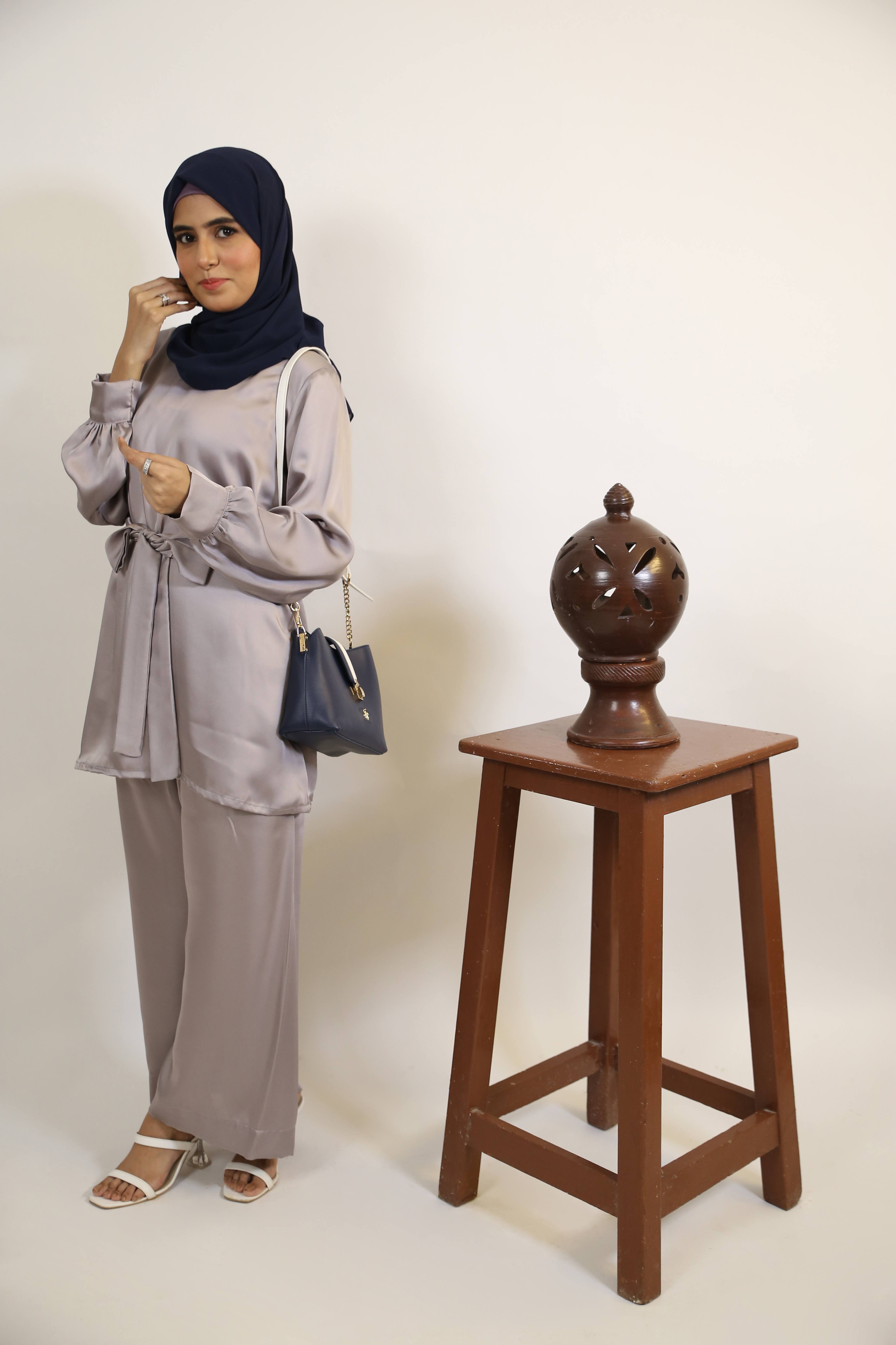 Fidah- Ravishing Satin modest two piece Co ord set with belt and spanish pants- Silver Gray