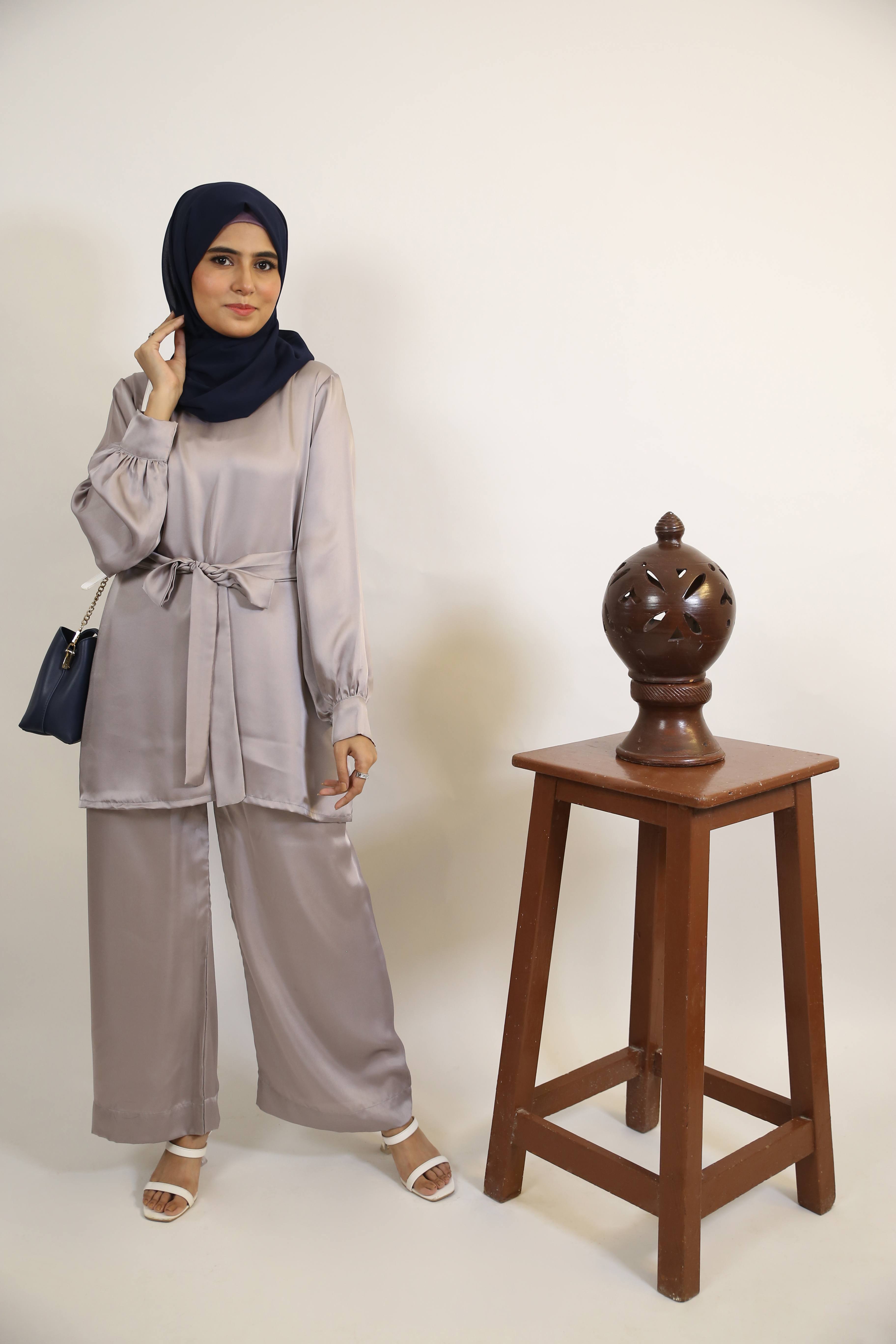 Fidah- Ravishing Satin modest two piece Co ord set with belt and spanish pants- Silver Gray