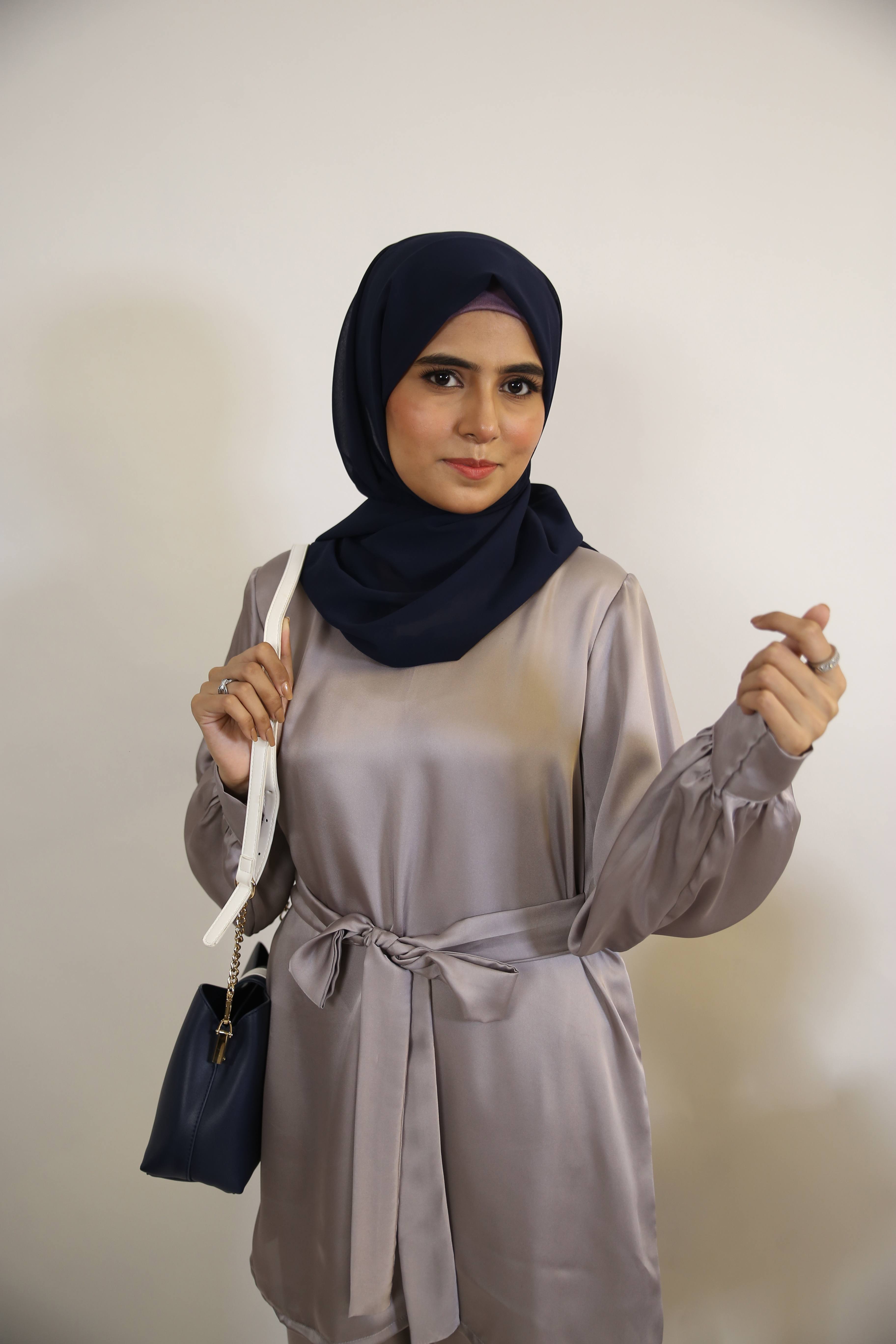 Fidah- Ravishing Satin modest two piece Co ord set with belt and spanish pants- Silver Gray