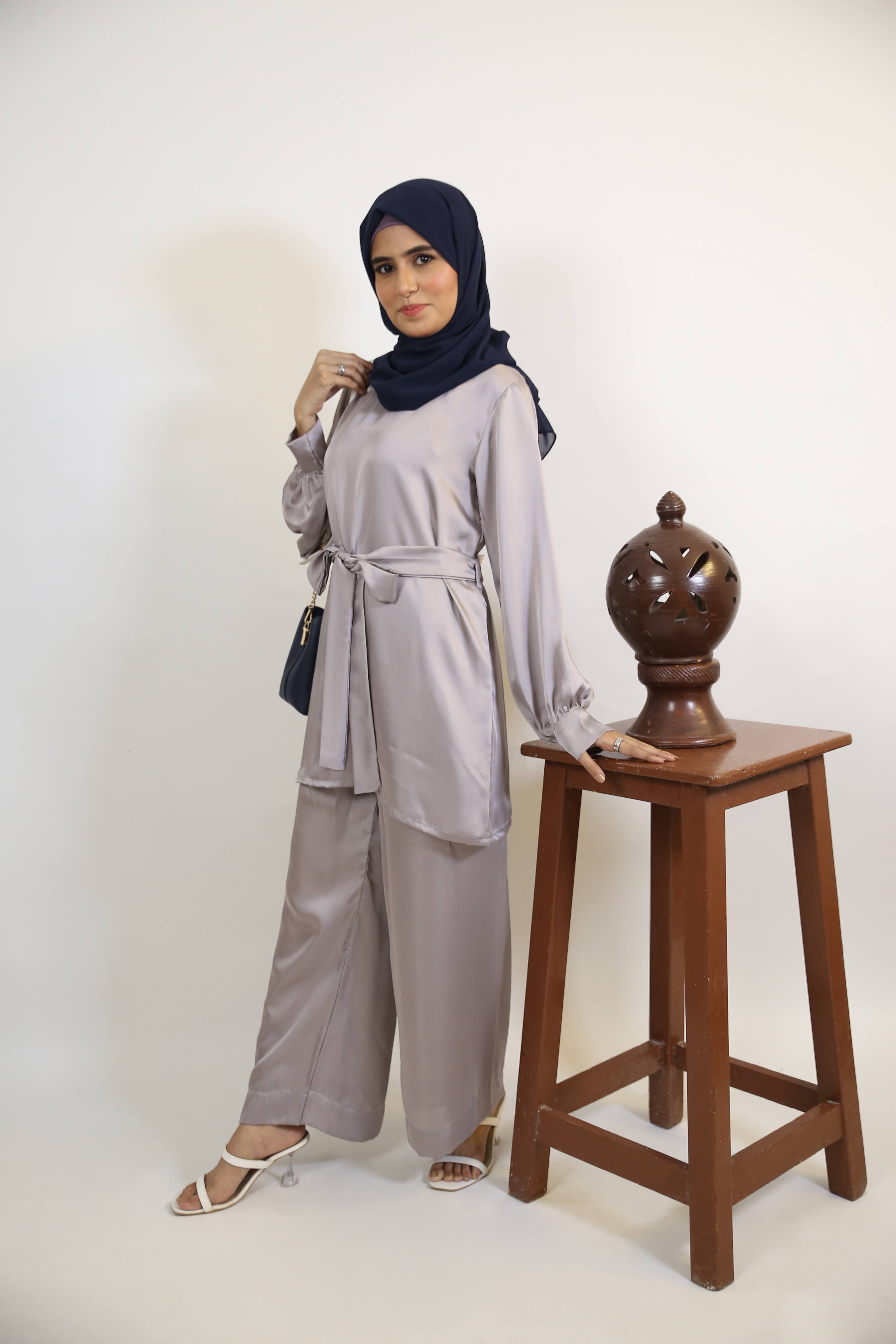 Fidah- Ravishing Satin modest two piece Co ord set with belt and spanish pants- Silver Gray