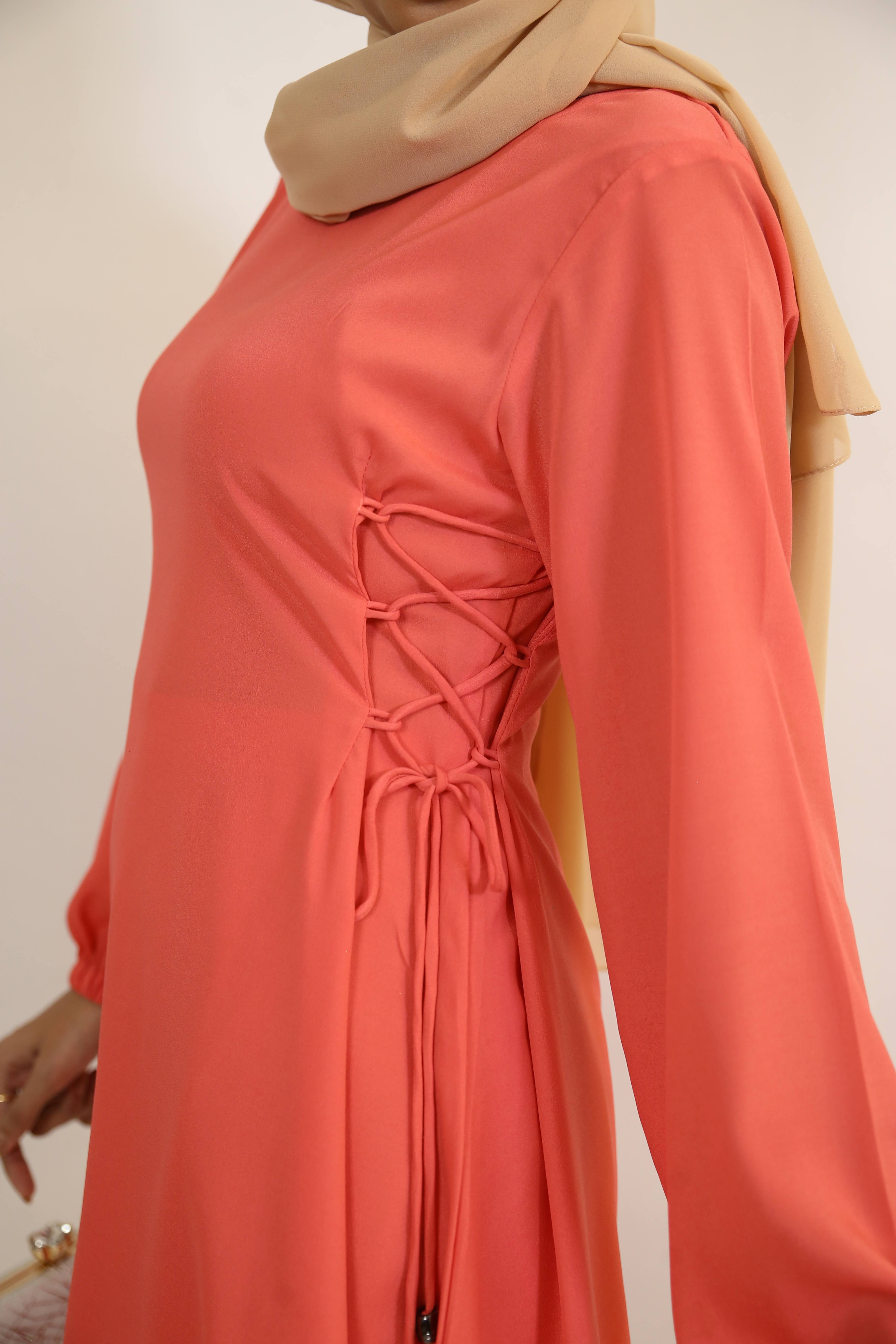 Tawoos- Enchanting modest Two piece co ord set with knot detailing on sides- Peach Pink