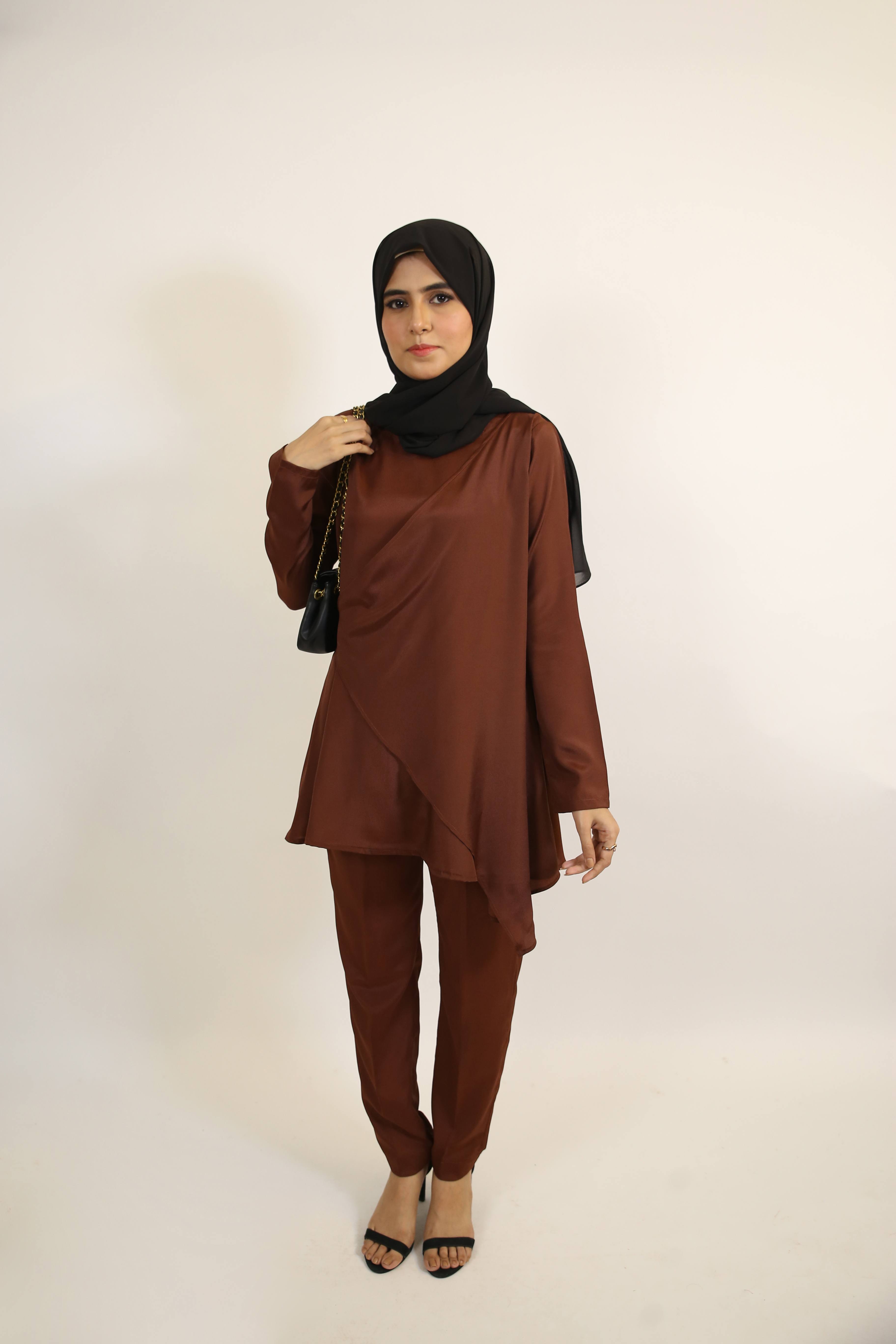 Malika- Chic Modest Two Piece Co Ord set with side button overlap detailing- Mocha Brown