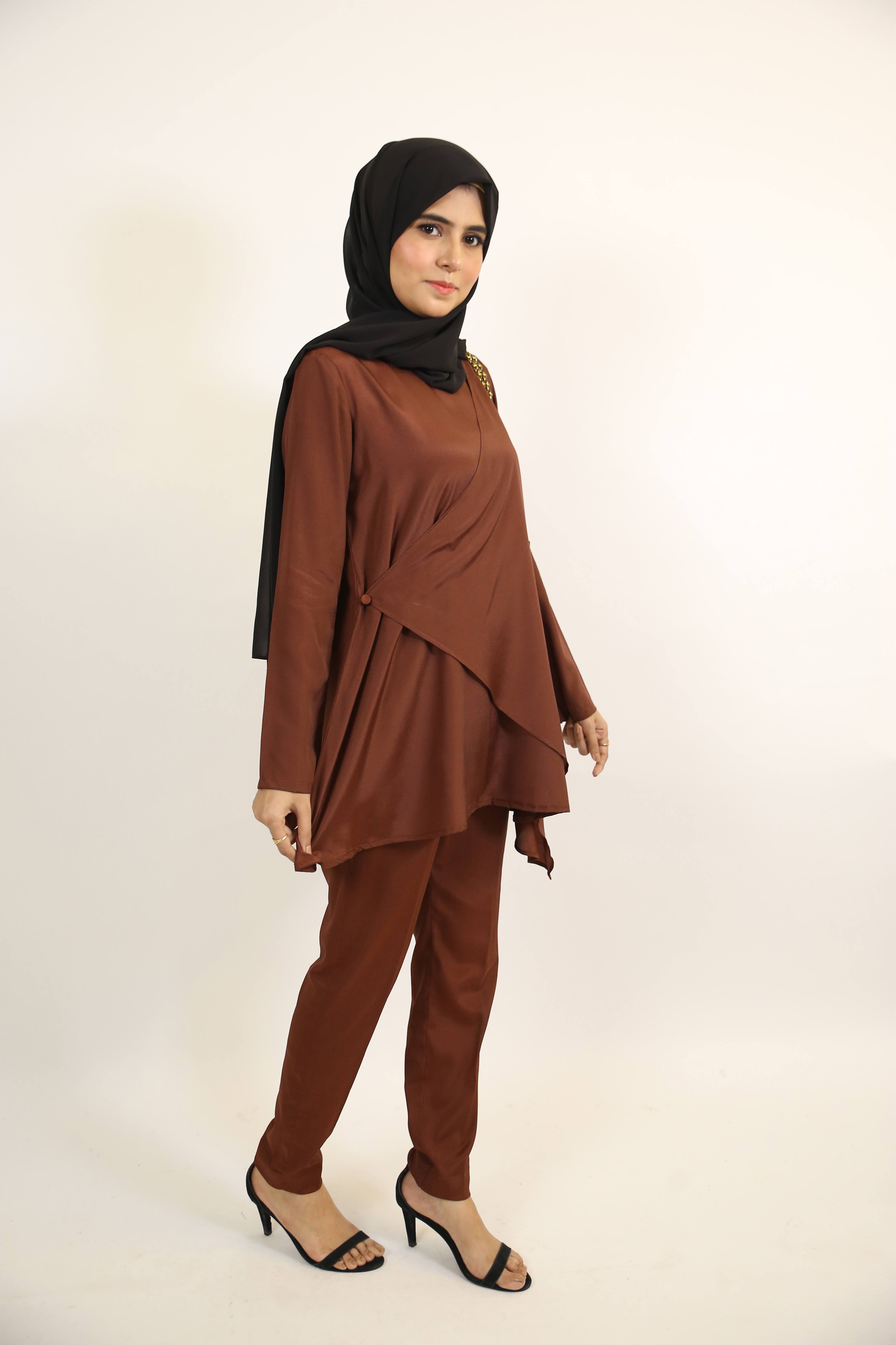 Malika- Chic Modest Two Piece Co Ord set with side button overlap detailing- Mocha Brown