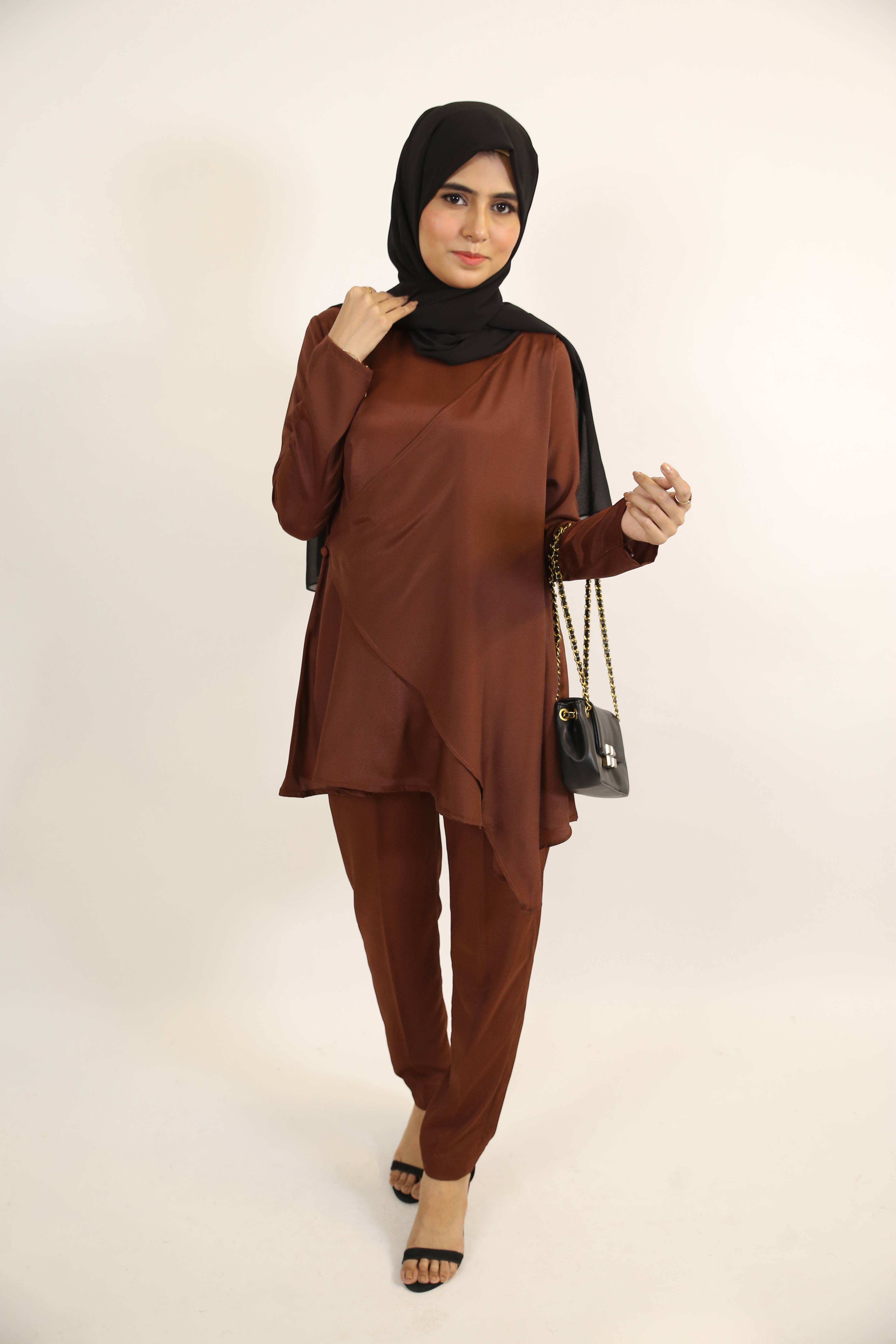 Malika- Chic Modest Two Piece Co Ord set  with side button overlap detailing- Mocha Brown