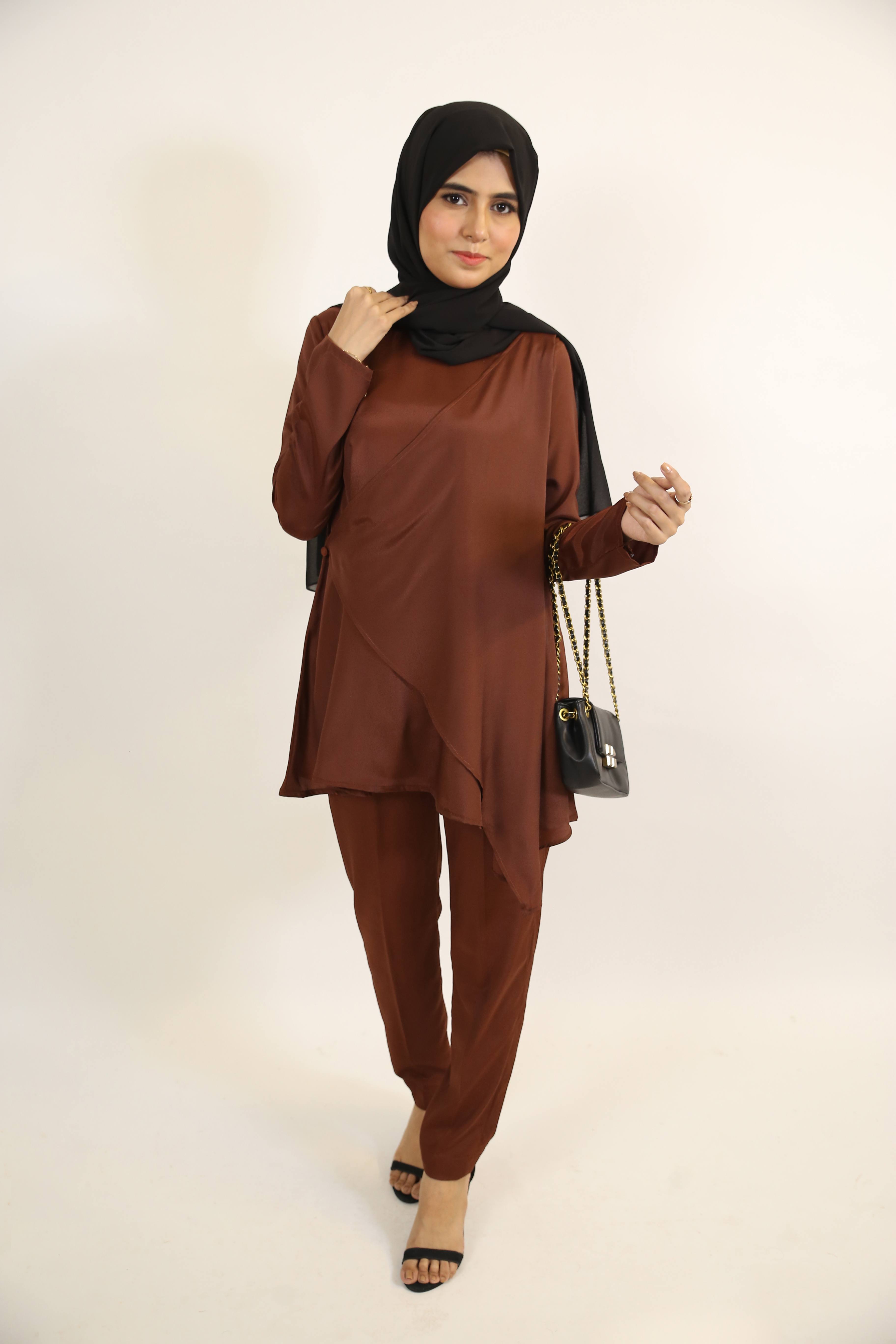 Malika- Chic Modest Two Piece Co Ord set with side button overlap detailing- Mocha Brown