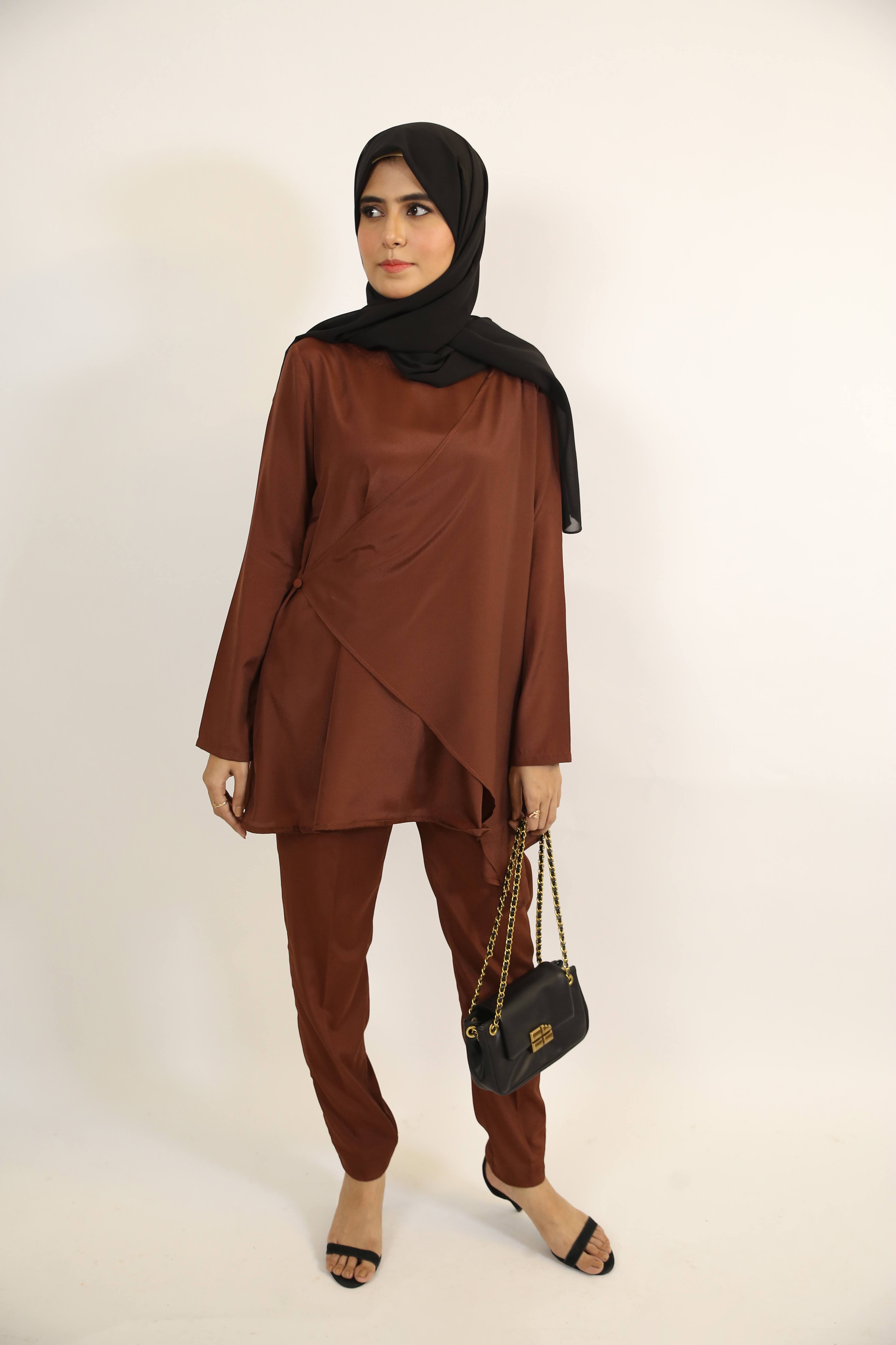 Malika- Chic Modest Two Piece Co Ord set with side button overlap detailing- Mocha Brown