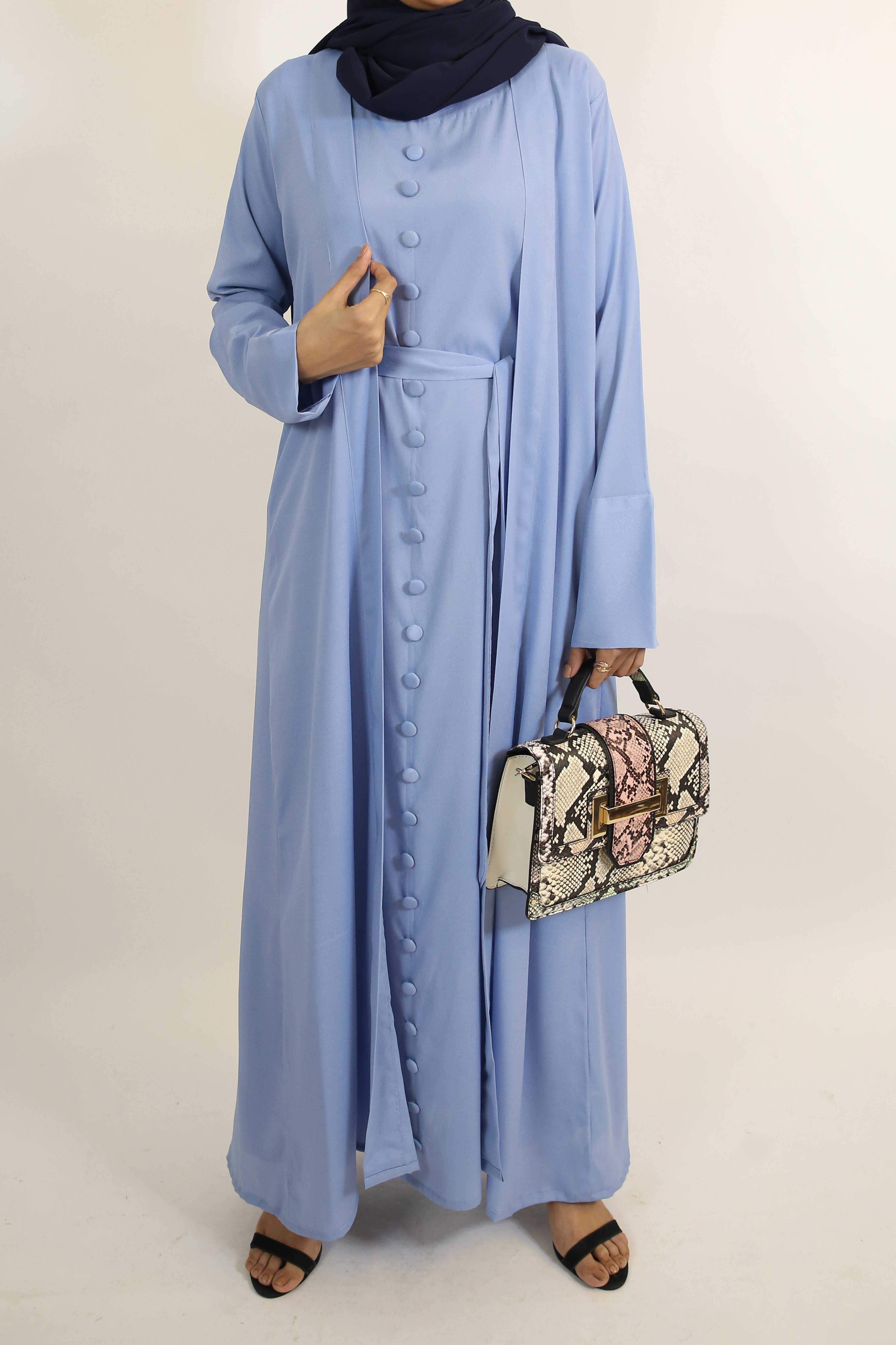 Samaa- Enchanting Wrinkle free throw over abaya with full buttoned inner slip dress- sky blue