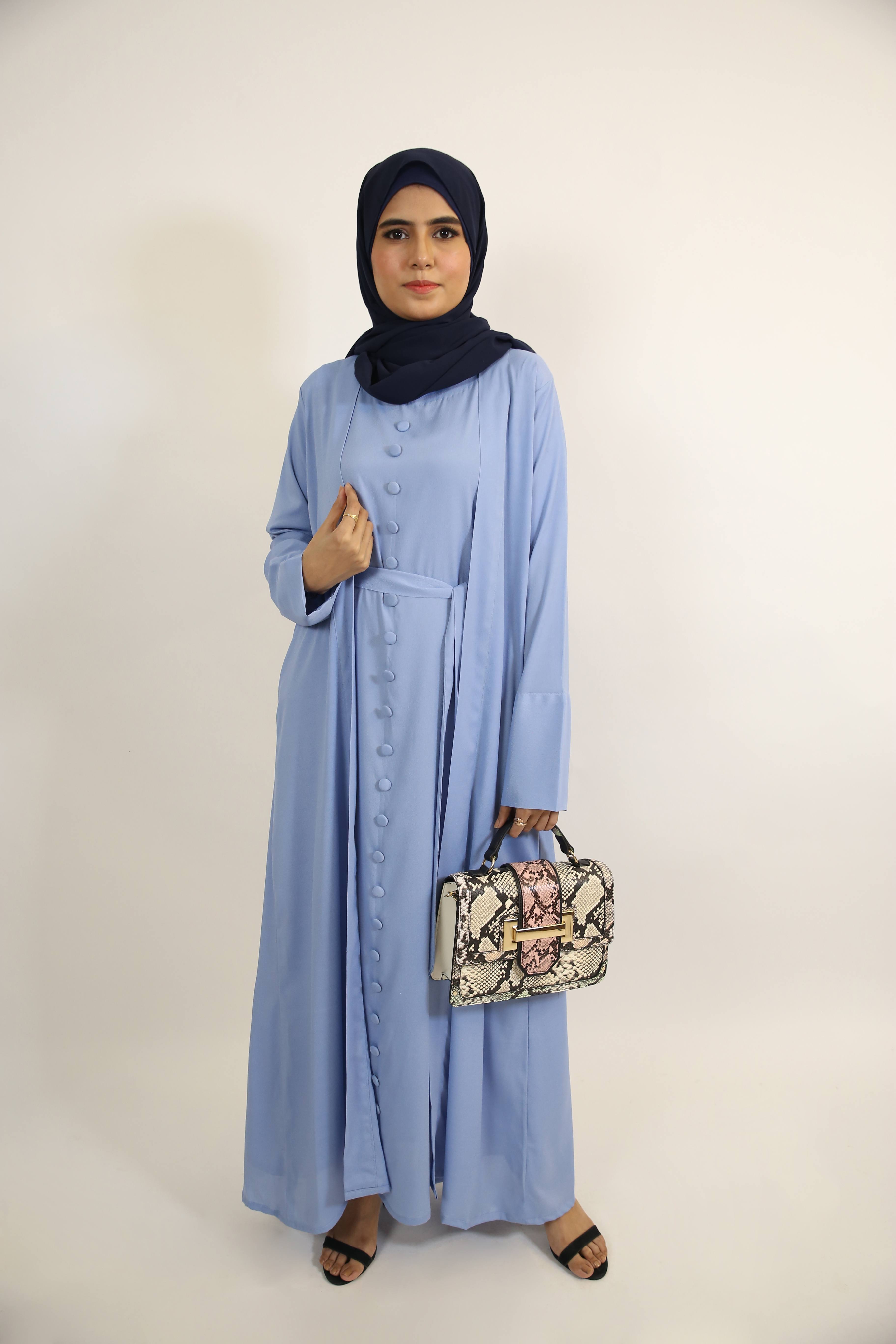 Samaa- Enchanting Wrinkle free throw over abaya with full buttoned inner slip dress- sky blue