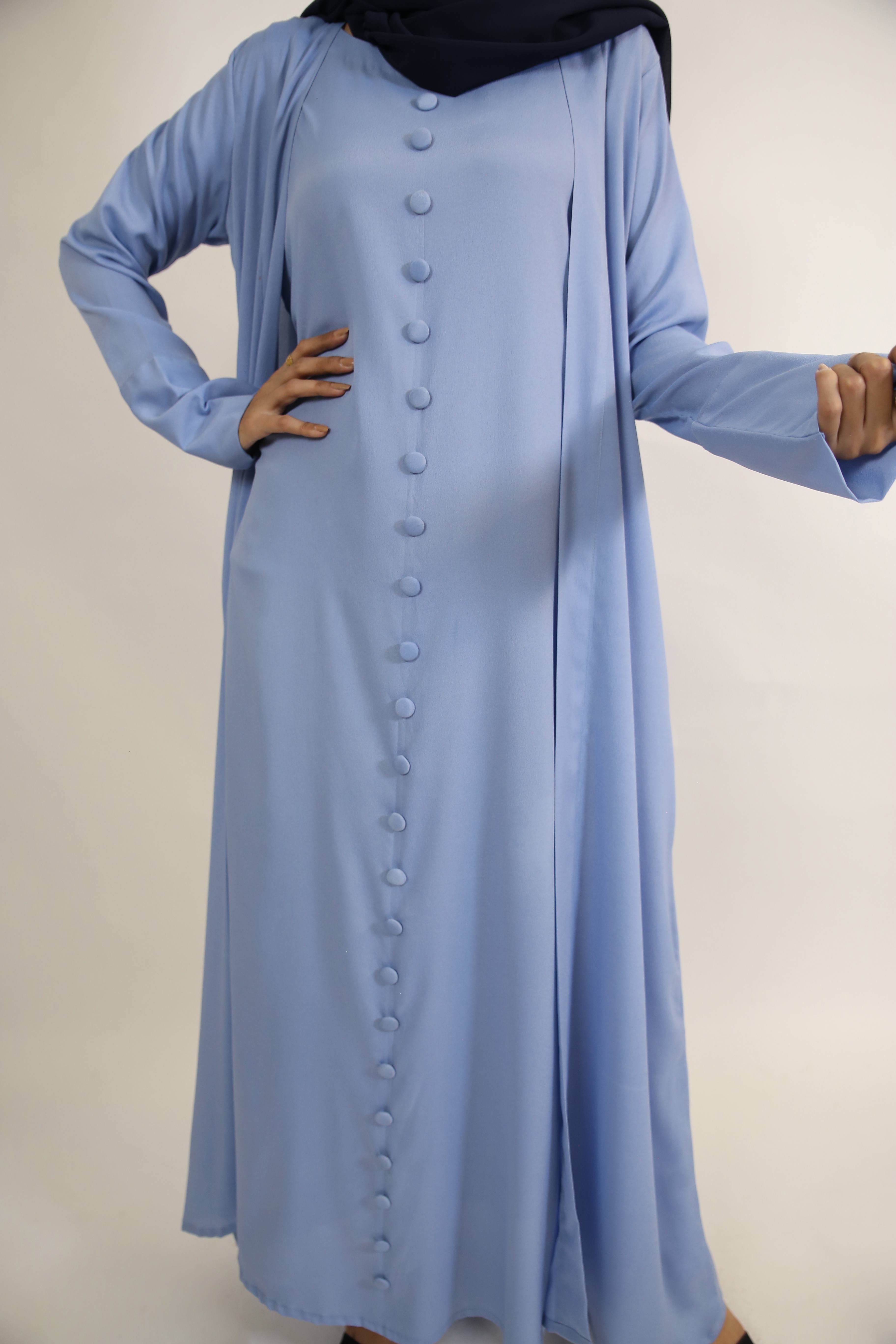 Samaa- Enchanting Wrinkle free throw over abaya with full buttoned inner slip dress- sky blue