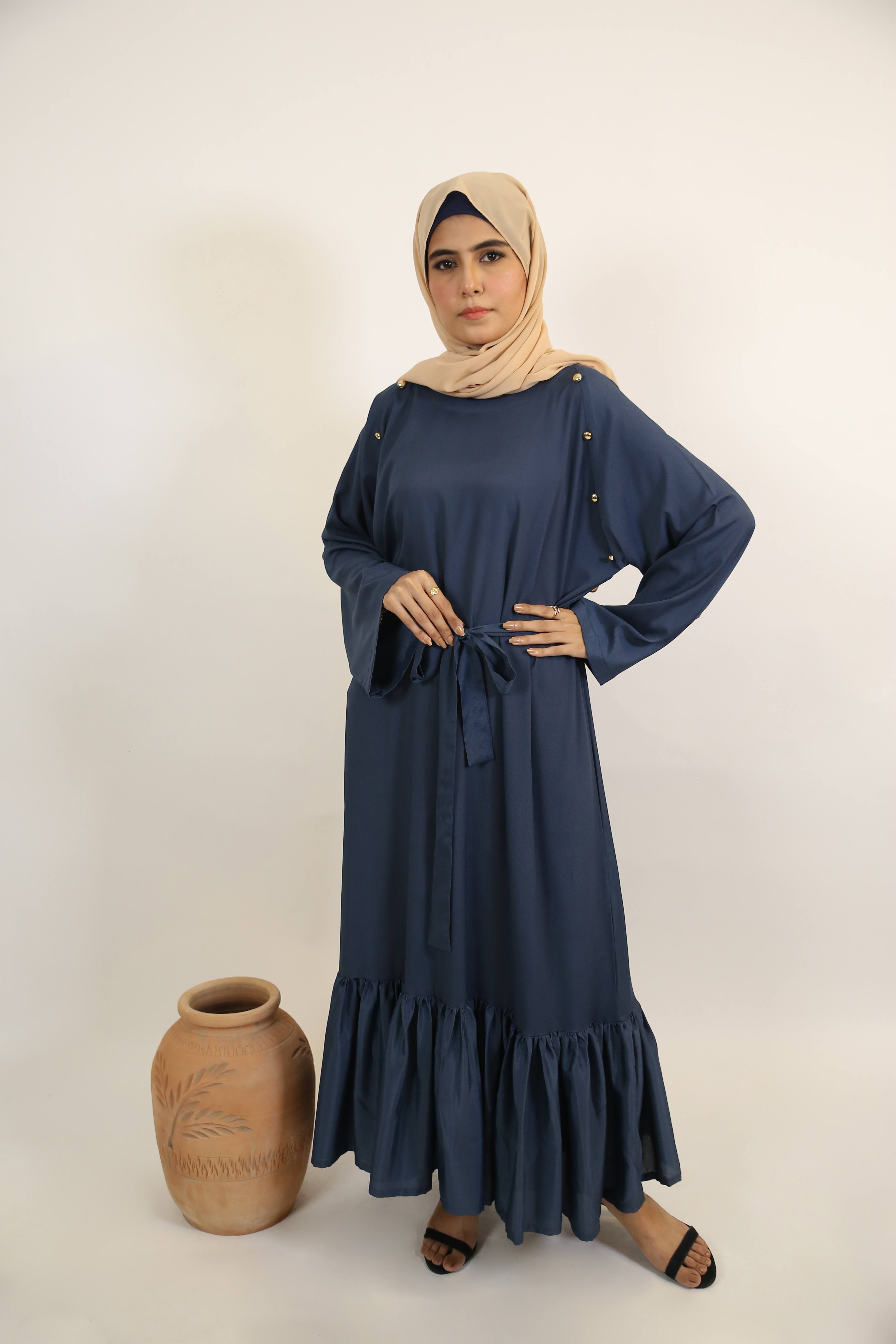 Sawsan- Enchanting Maxi Dress with identical belt and ruffled hem - Indigo blue