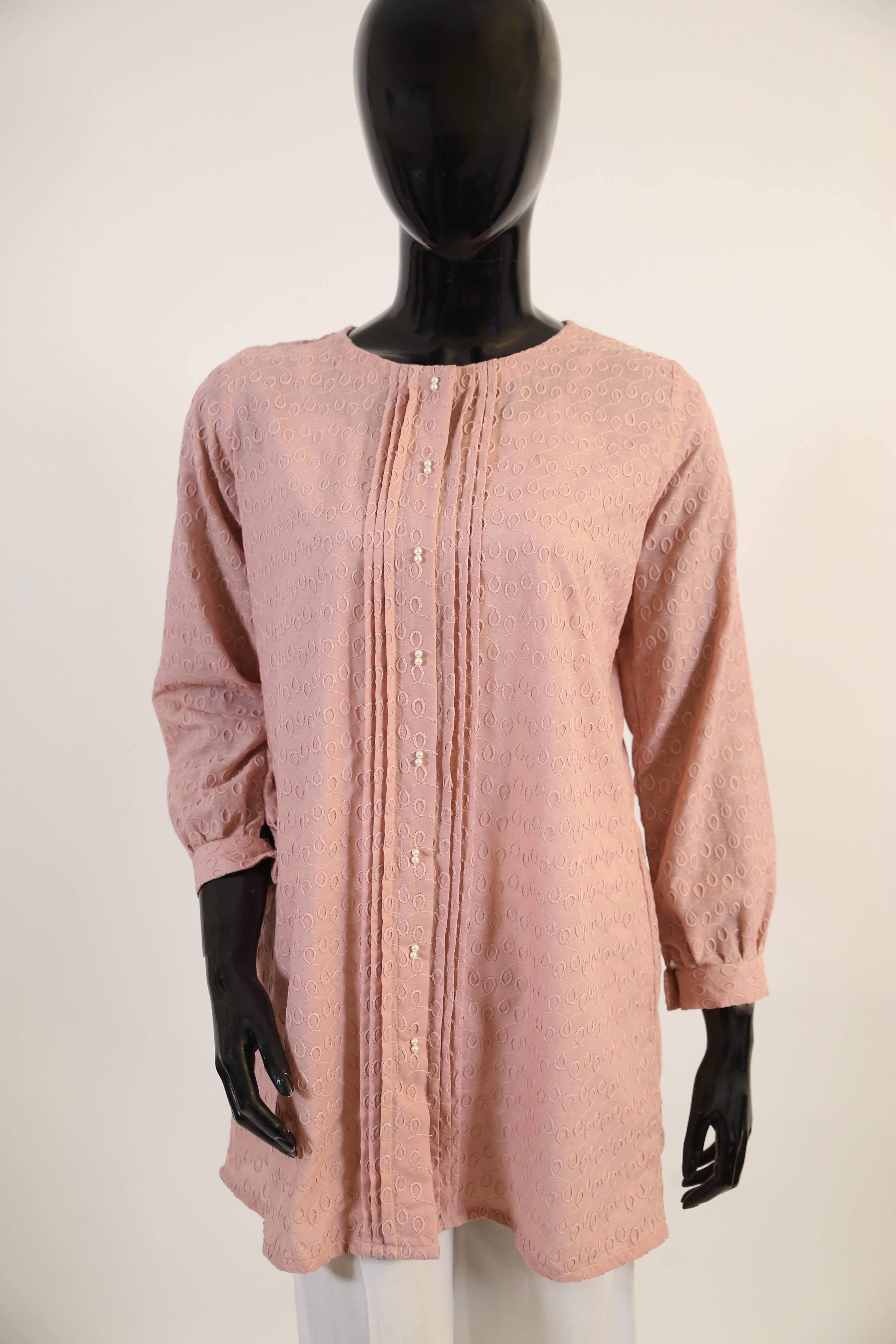 Jasmine- Graceful cotton embossed tunic with pintucks detailings- Pink