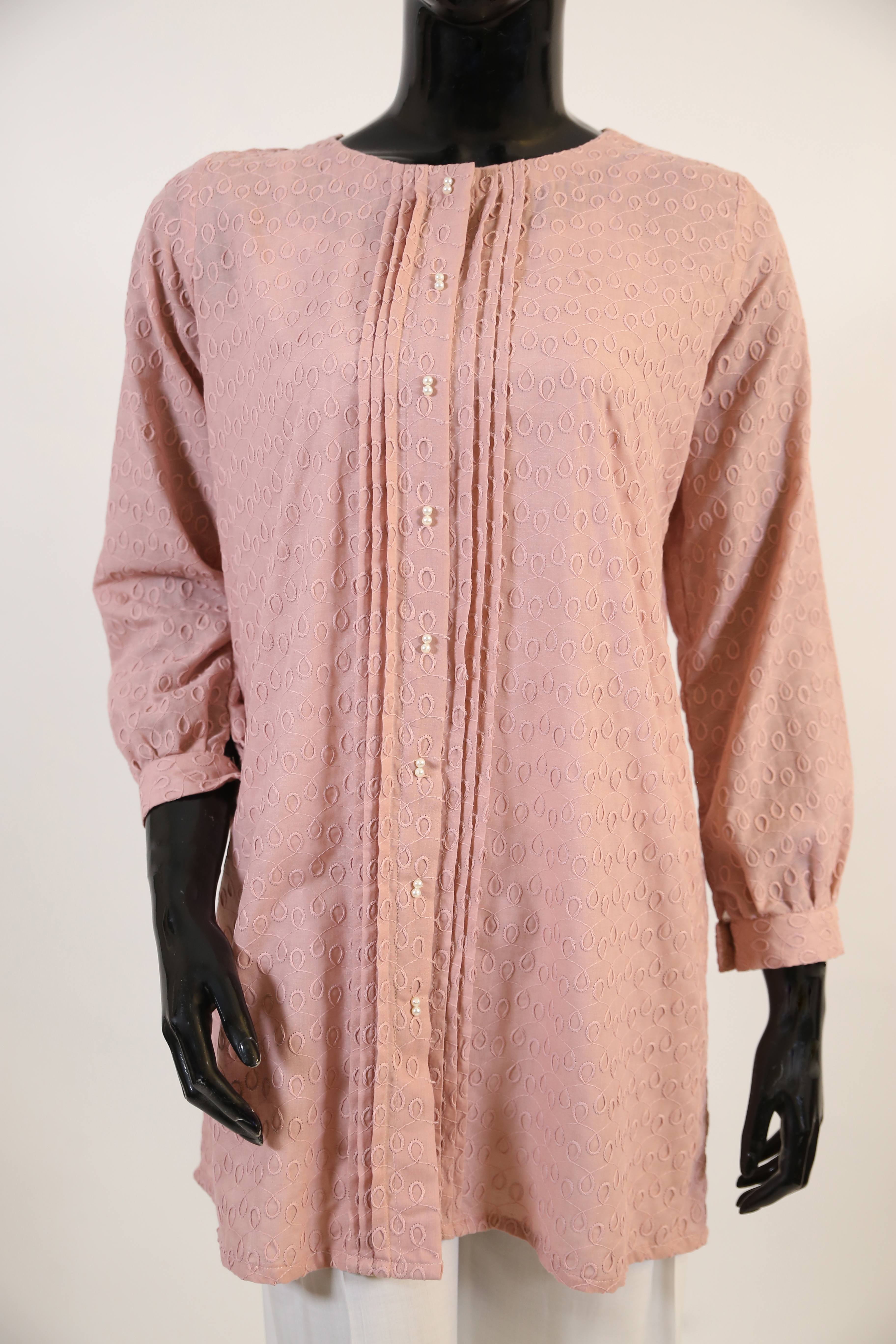 Jasmine- Graceful cotton embossed tunic with pintucks detailings- Pink