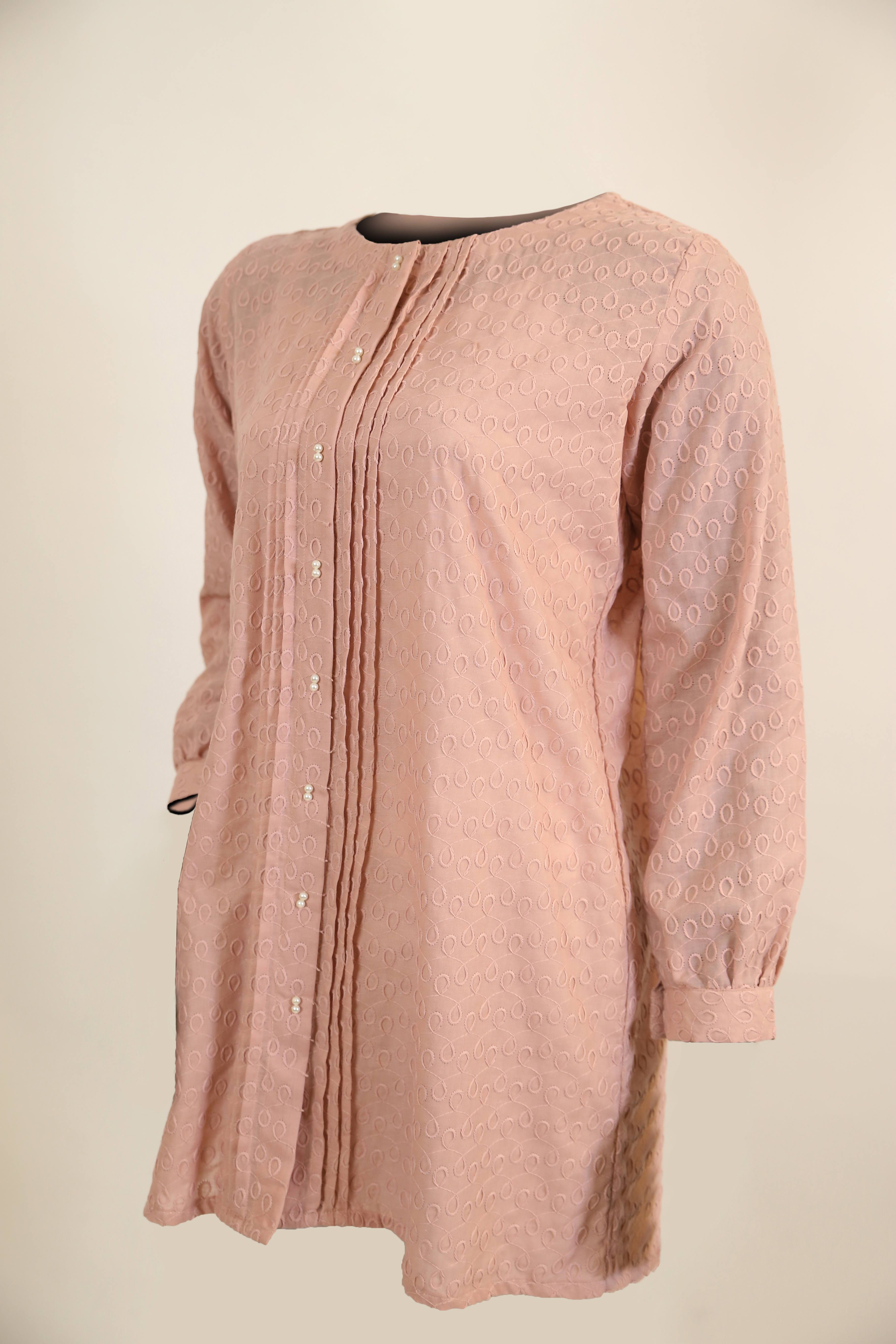 Jasmine- Graceful cotton embossed tunic with pintucks detailings- Pink