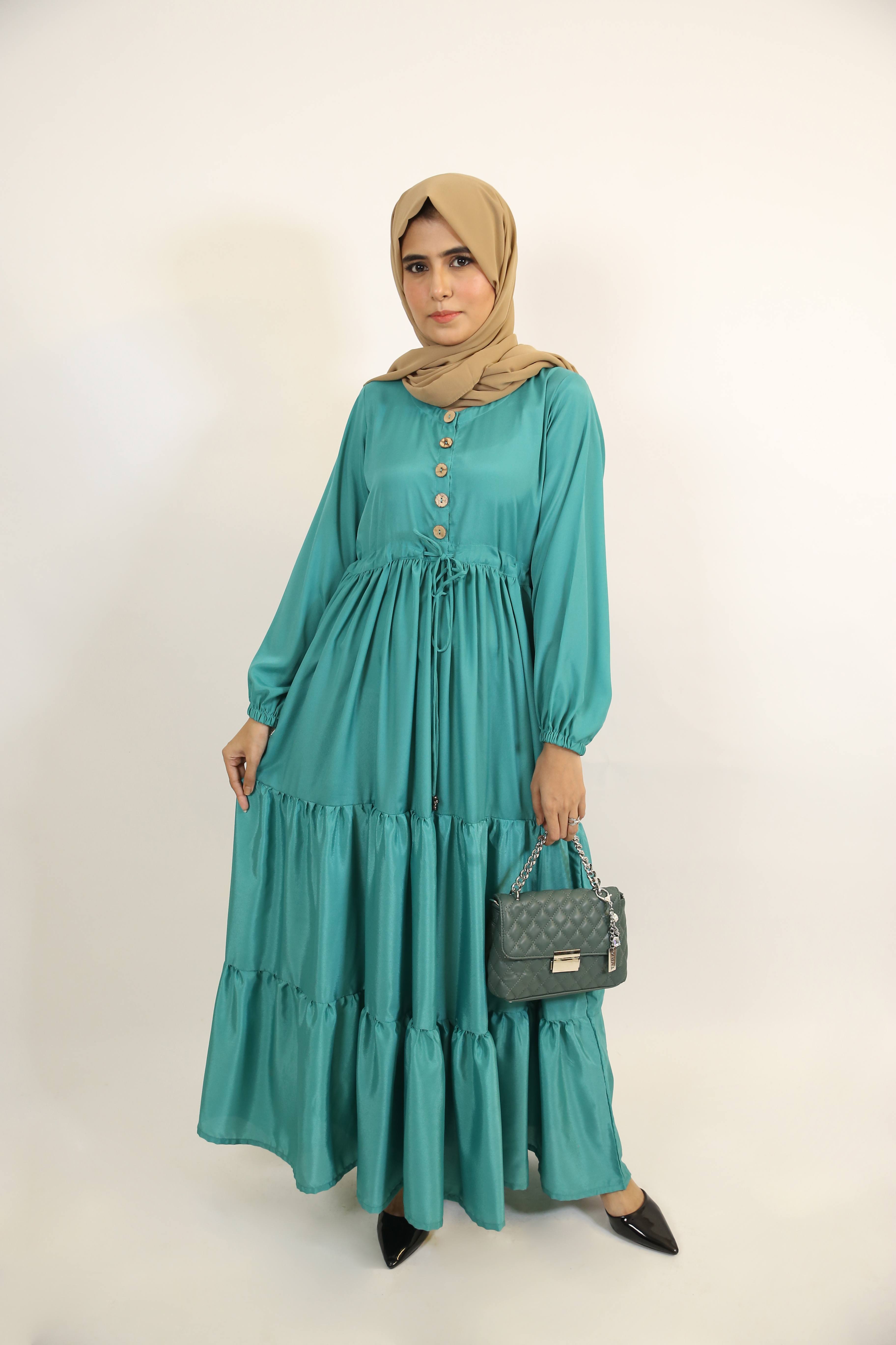 Sylvan- Stunning Non sheer Maxi dress with tie up belt and front buttons- Pine green