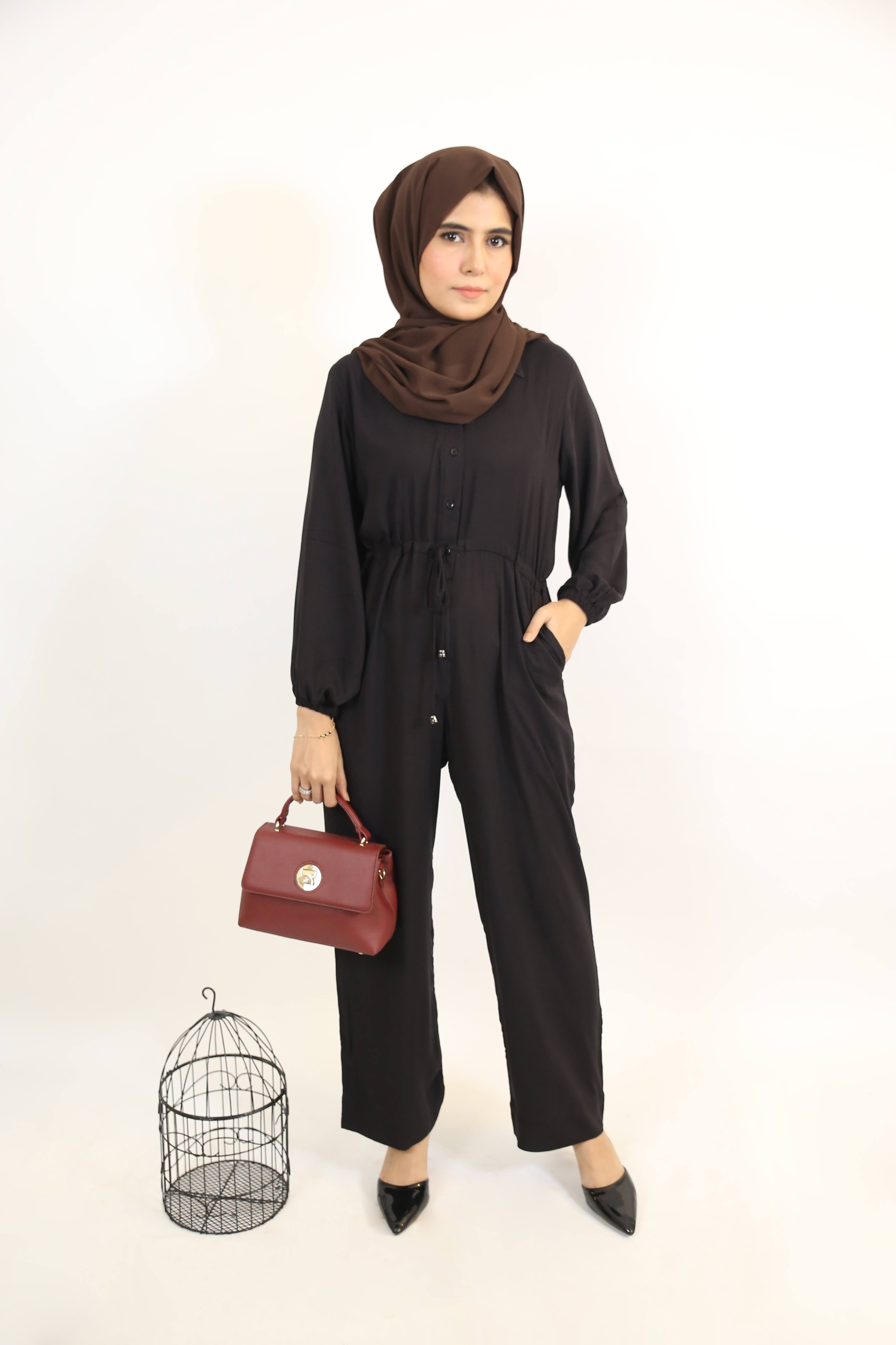 Fahm- Classy Linen Modest Jumpsuit with tie up belt and side pockets- Charcoal Black