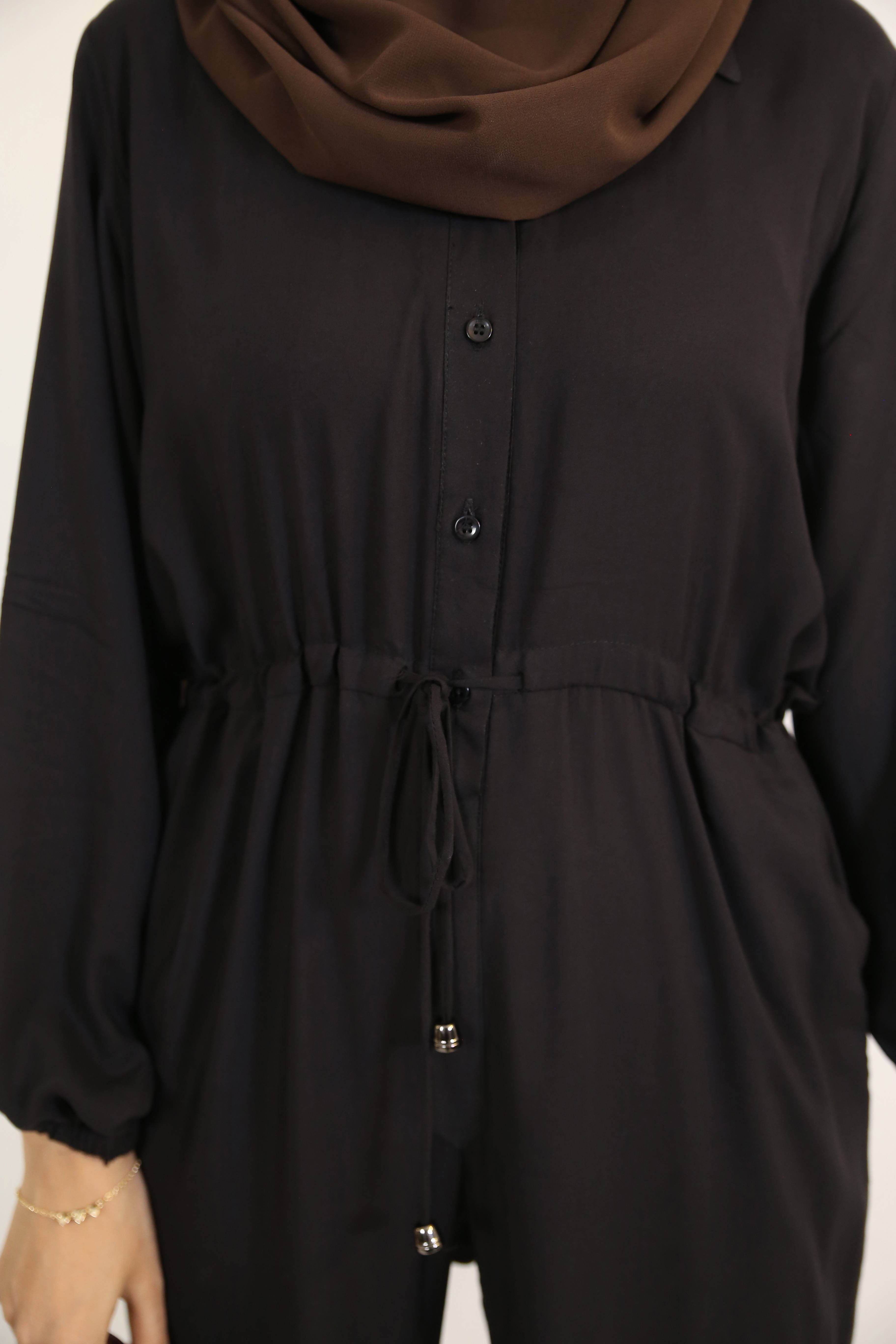 Fahm- Classy Linen Modest Jumpsuit with tie up belt and side pockets- Charcoal Black