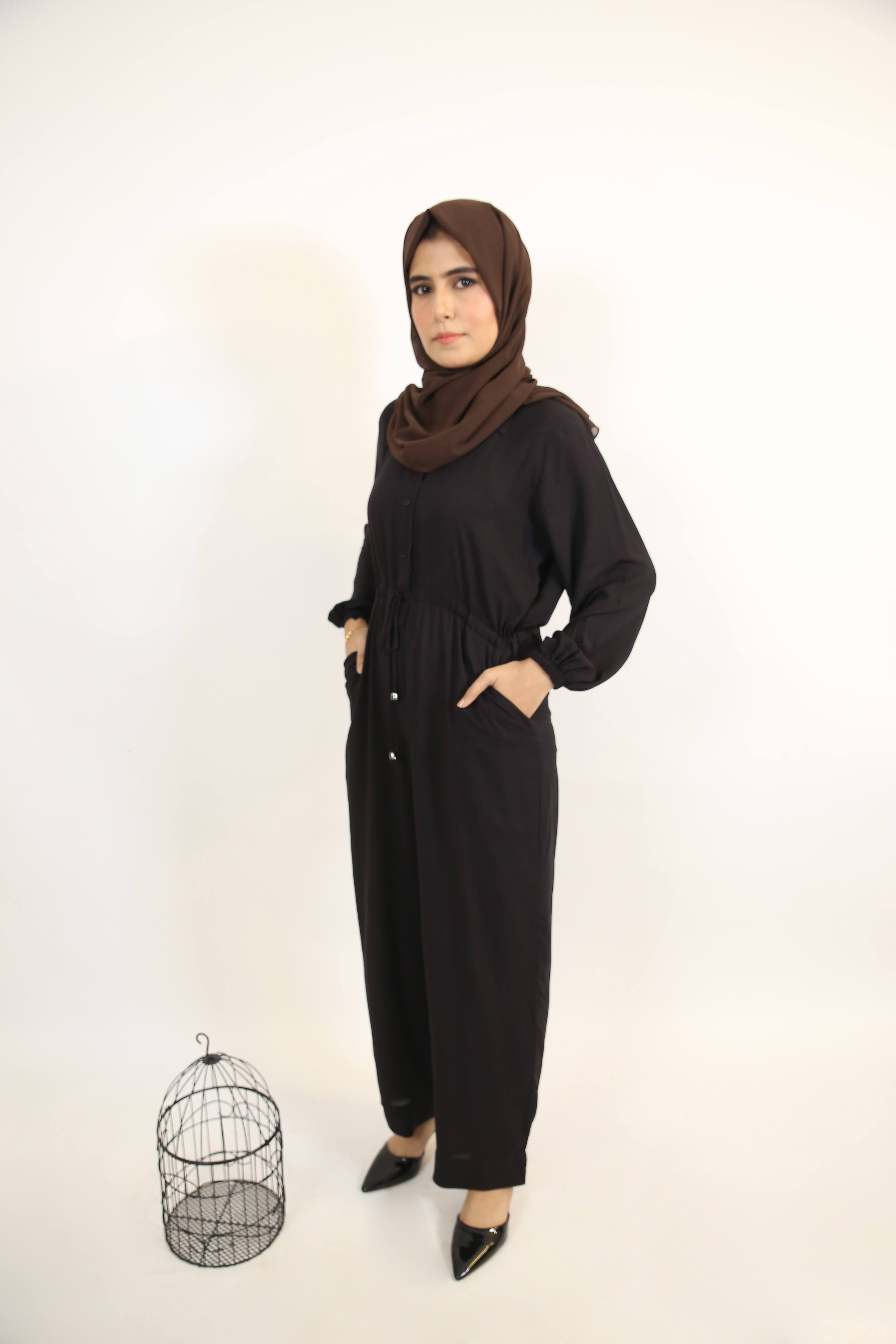 Fahm- Classy Linen Modest Jumpsuit with tie up belt and side pockets- Charcoal Black