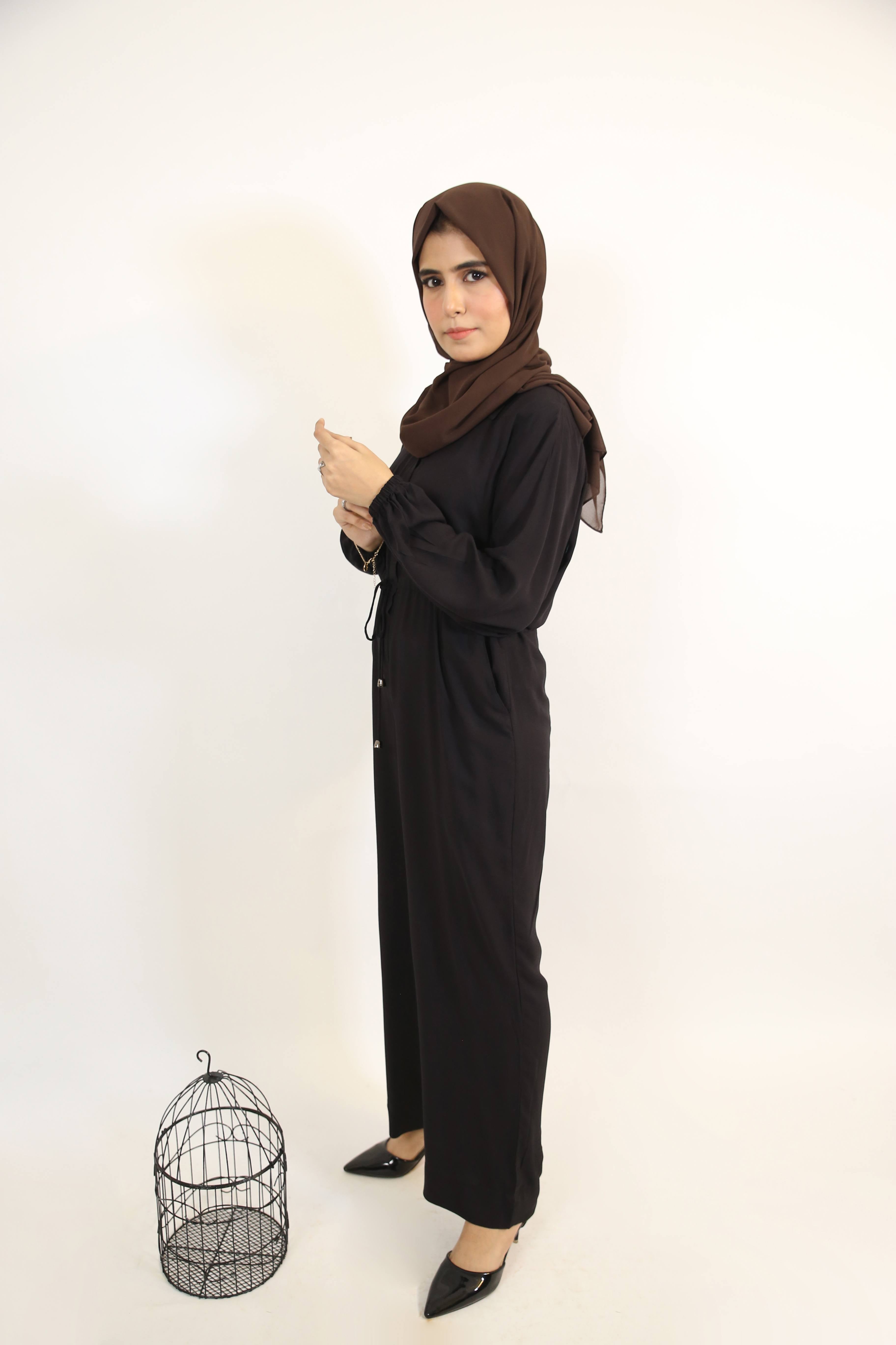 Fahm- Classy Linen Modest Jumpsuit with tie up belt and side pockets- Charcoal Black