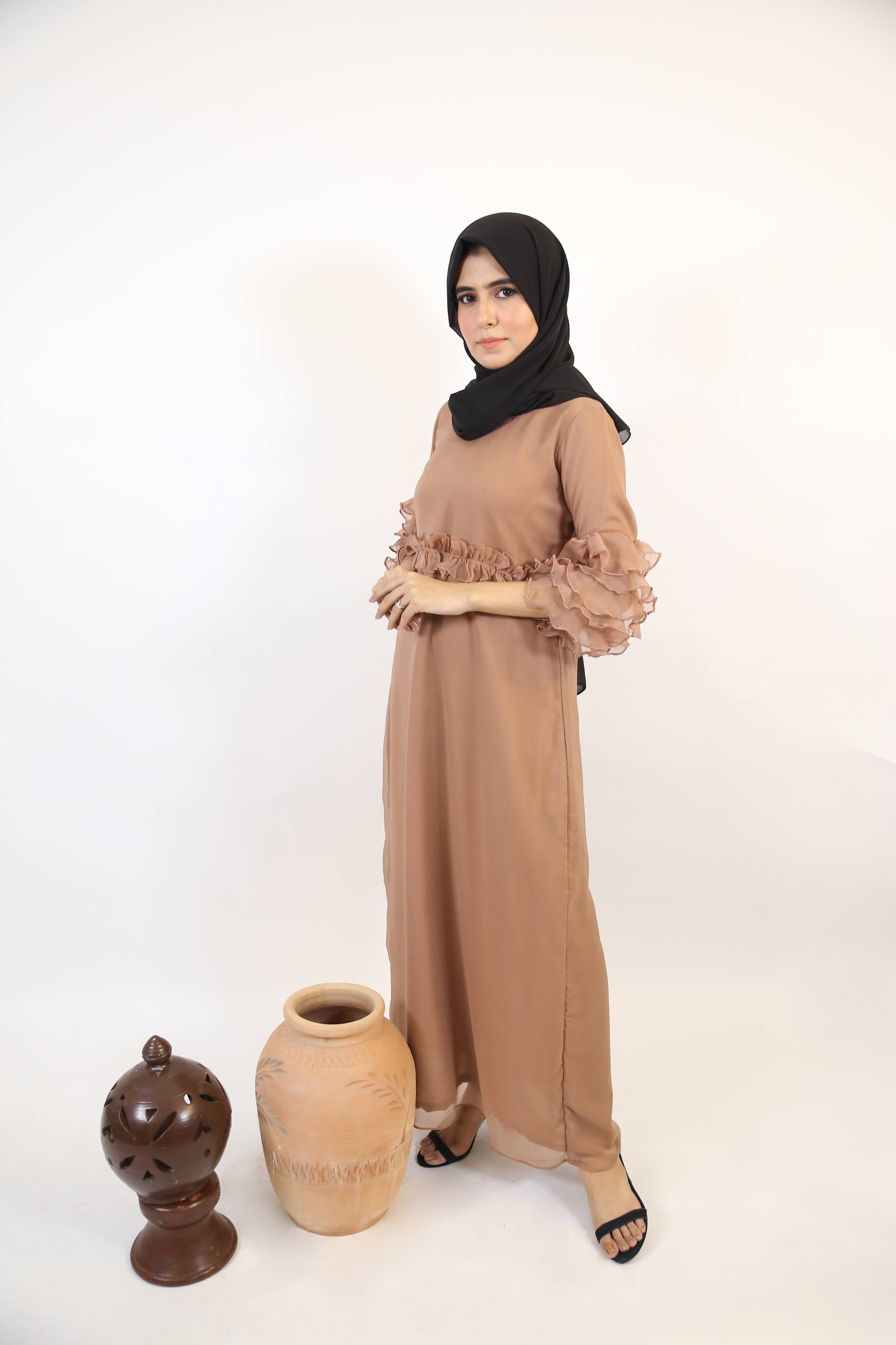Raml- Chic Chiffon lined maxi dress with tiered sleeves and ruched waist detailing-Camel Beige