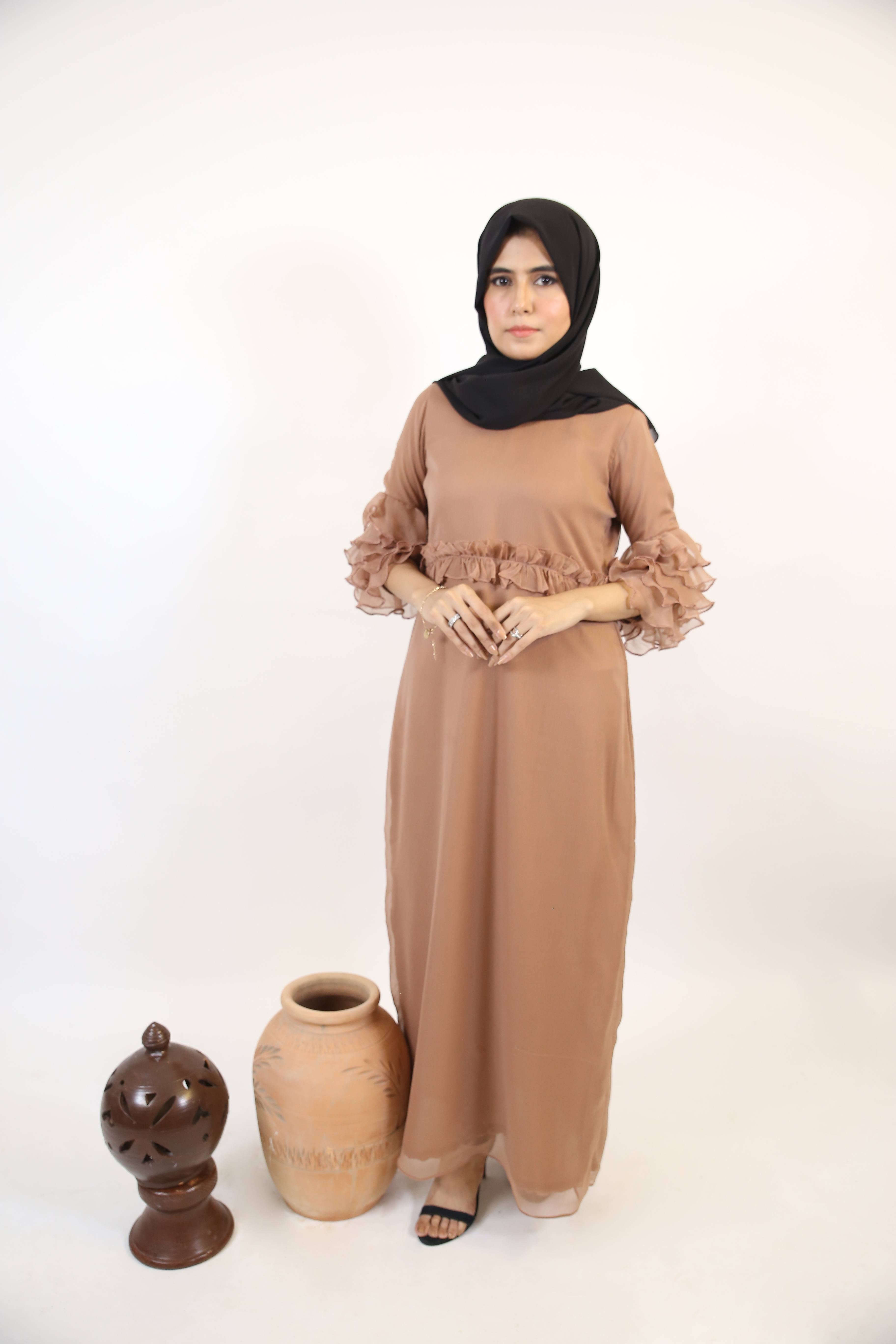 Raml- Chic Chiffon lined maxi dress with tiered sleeves and ruched waist detailing-Camel Beige