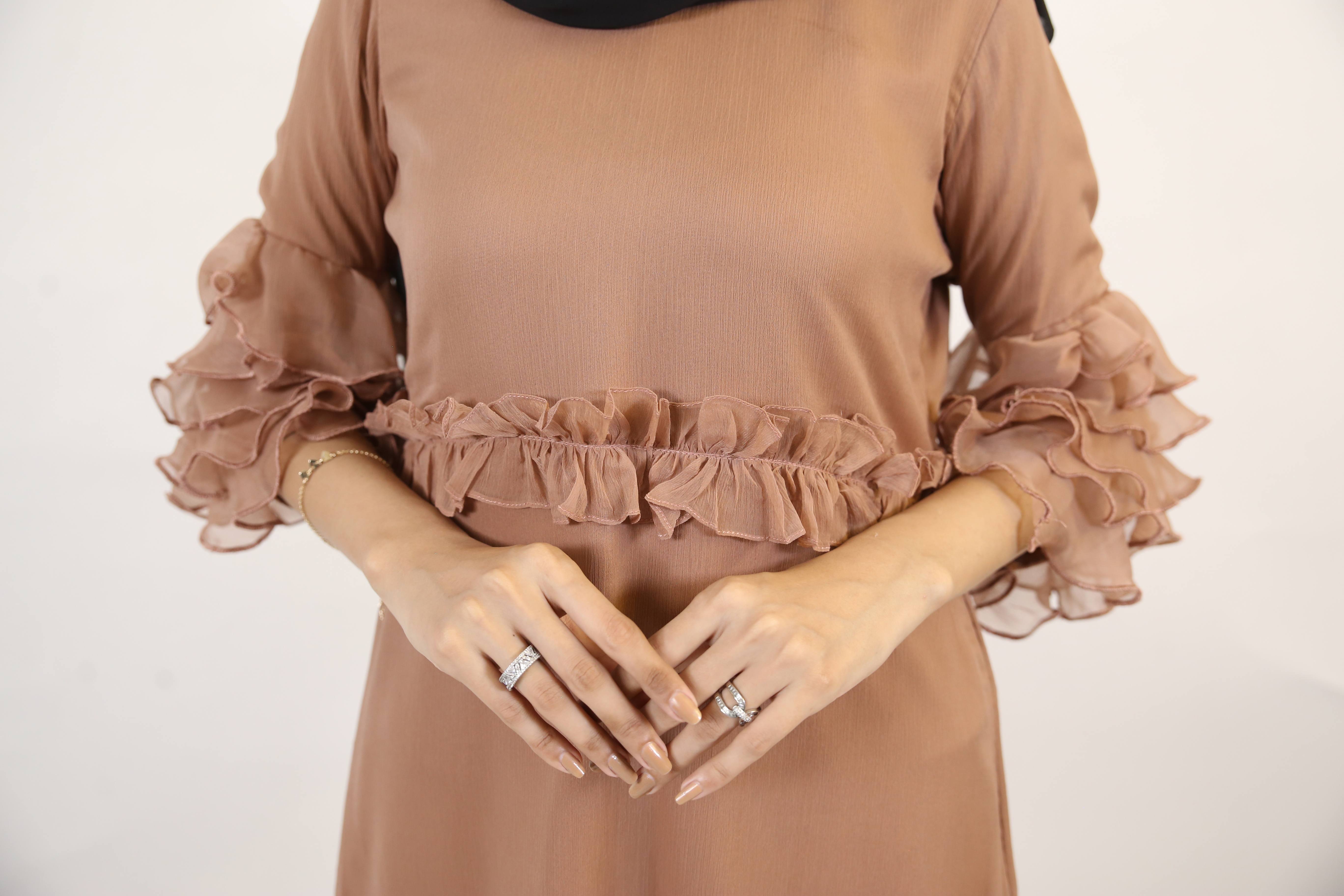 Mommy & Me ✨ Raml- Chic Chiffon lined maxi dress with tiered sleeves and ruched waist detailing-Camel Beige